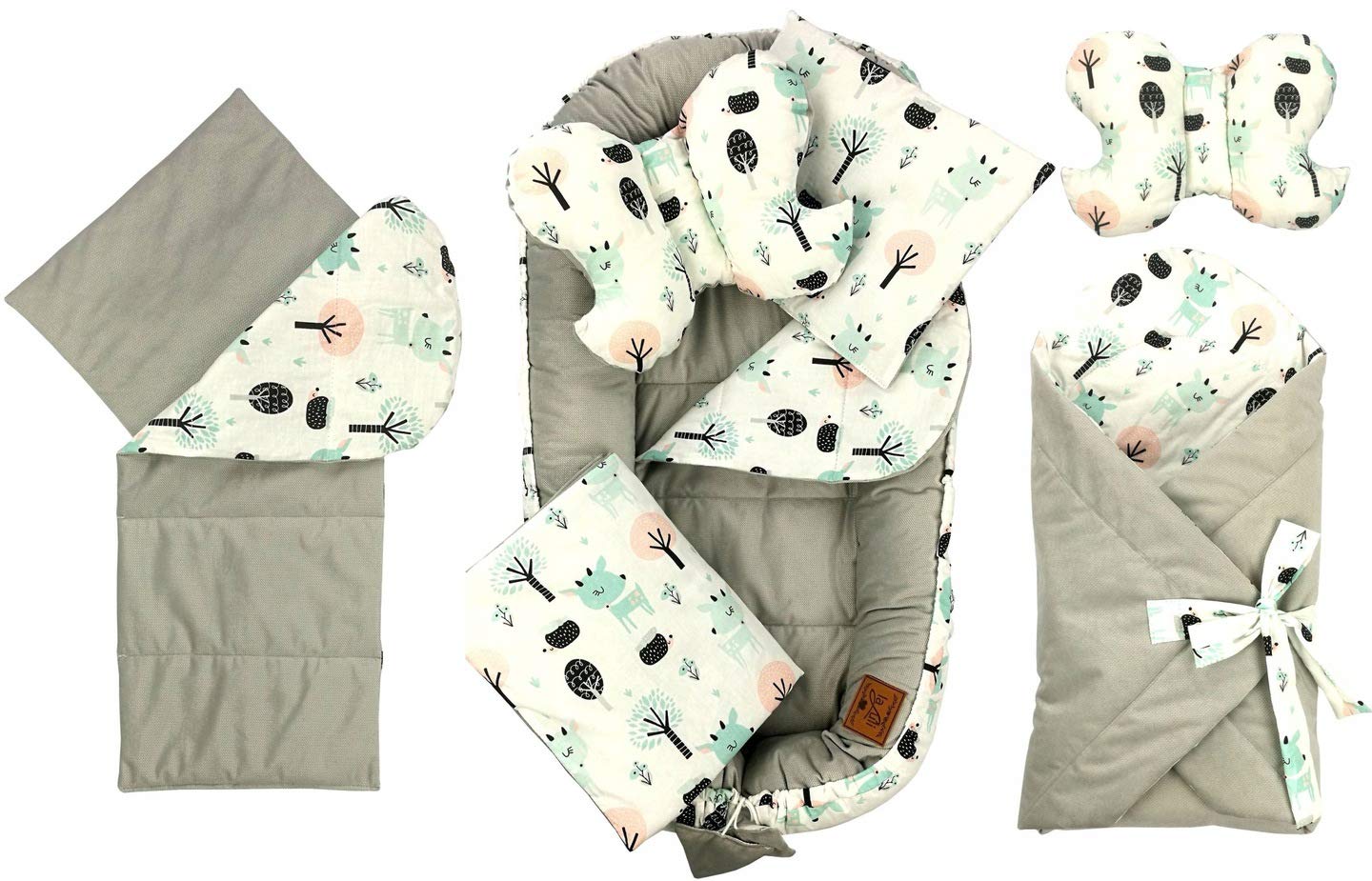 Babynest - Paracolpi per lettino da viaggio, 10 in 1, 110 x 60 cm, federa per cuscino Flufy (grigio/bianco foresta)