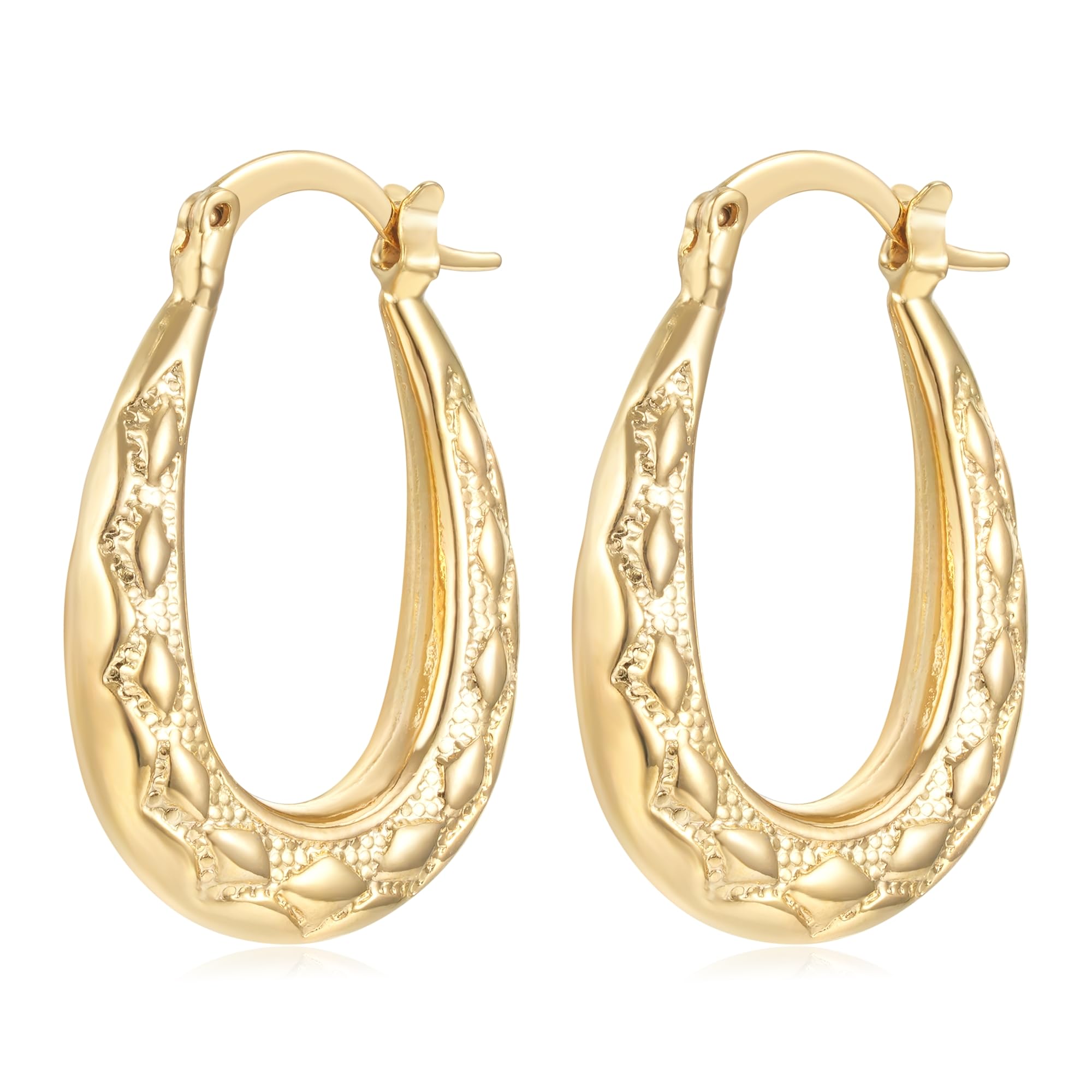 New Premium Gold Plated 50mm Oval Diamond Pattern Creole Hoop Earrings – 22g, Elegant Design, Lightweight, Perfect for Any Occasion, one, Brass, No Gemstone