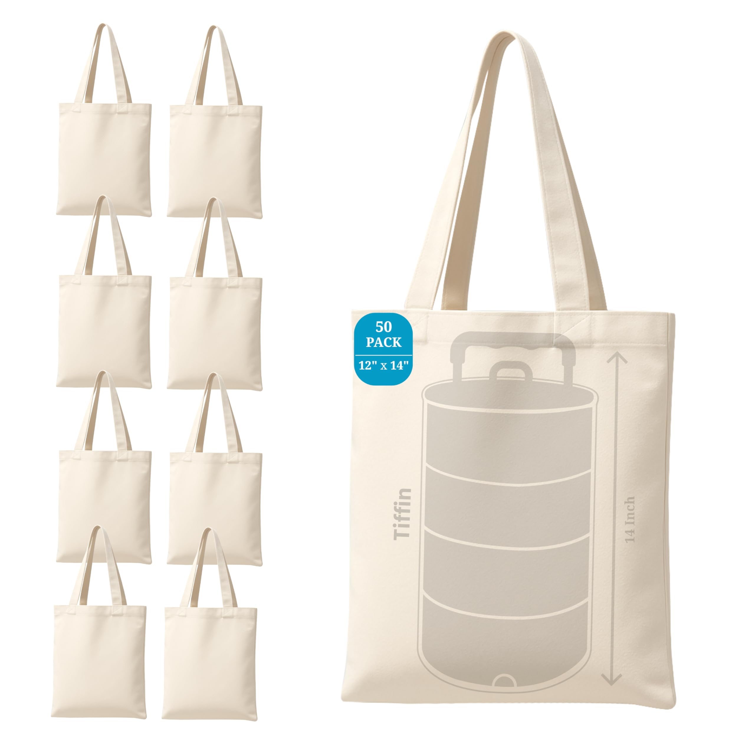 12x14 Inch Plain Canvas Tote Bag | 10 Pcs | 12 Pcs | 24 Pcs | 50 Pcs | 100 Pcs | 100% Organic Reusable 150 GSM Cotton Handbag for Shopping, Daily Use, Grocery, Craft Diy Painting and Storage