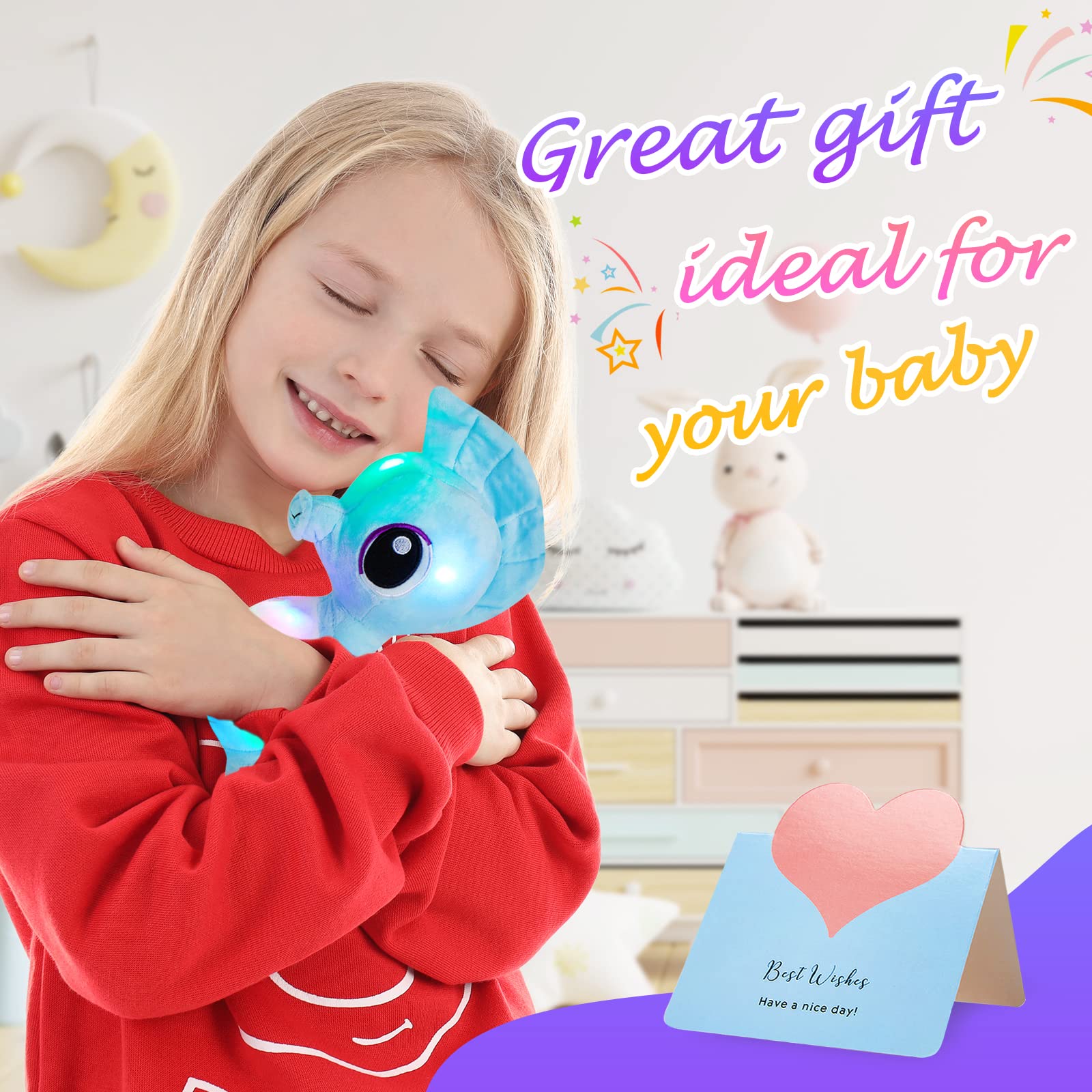 Animales de peluche con luz LED, suave, vida oceánica, juguete de peluche con luz nocturna, amigo de cama, día del niño, regalos de cumpleaños para niños pequeños, 8 pulgadas (azul) 6