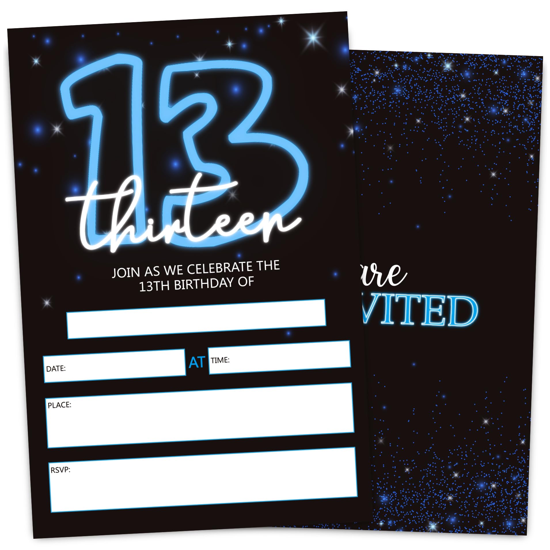 VIVORA 13th Birthday Invitation Card for Boys Girls, Blue Neon Themed Birthday Party Invites, 30 Cards & 30 Envelopes, 4x6 Inches, Double-Sided