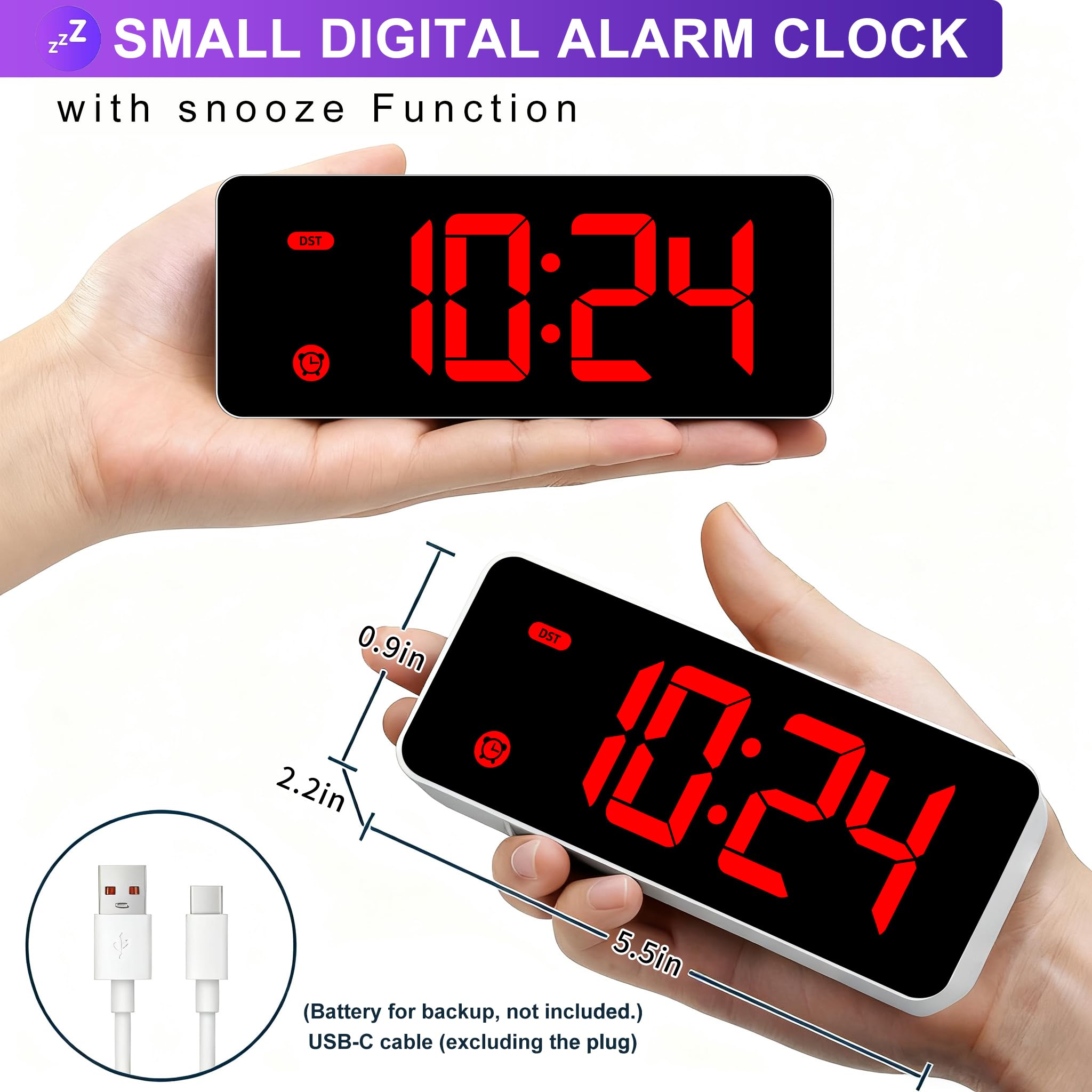 HODIK Reloj despertador para dormitorio de niños, reloj digital pequeño, 4 retroiluminación regulable, 3 volúmenes ajustables con repetición (pantalla roja)