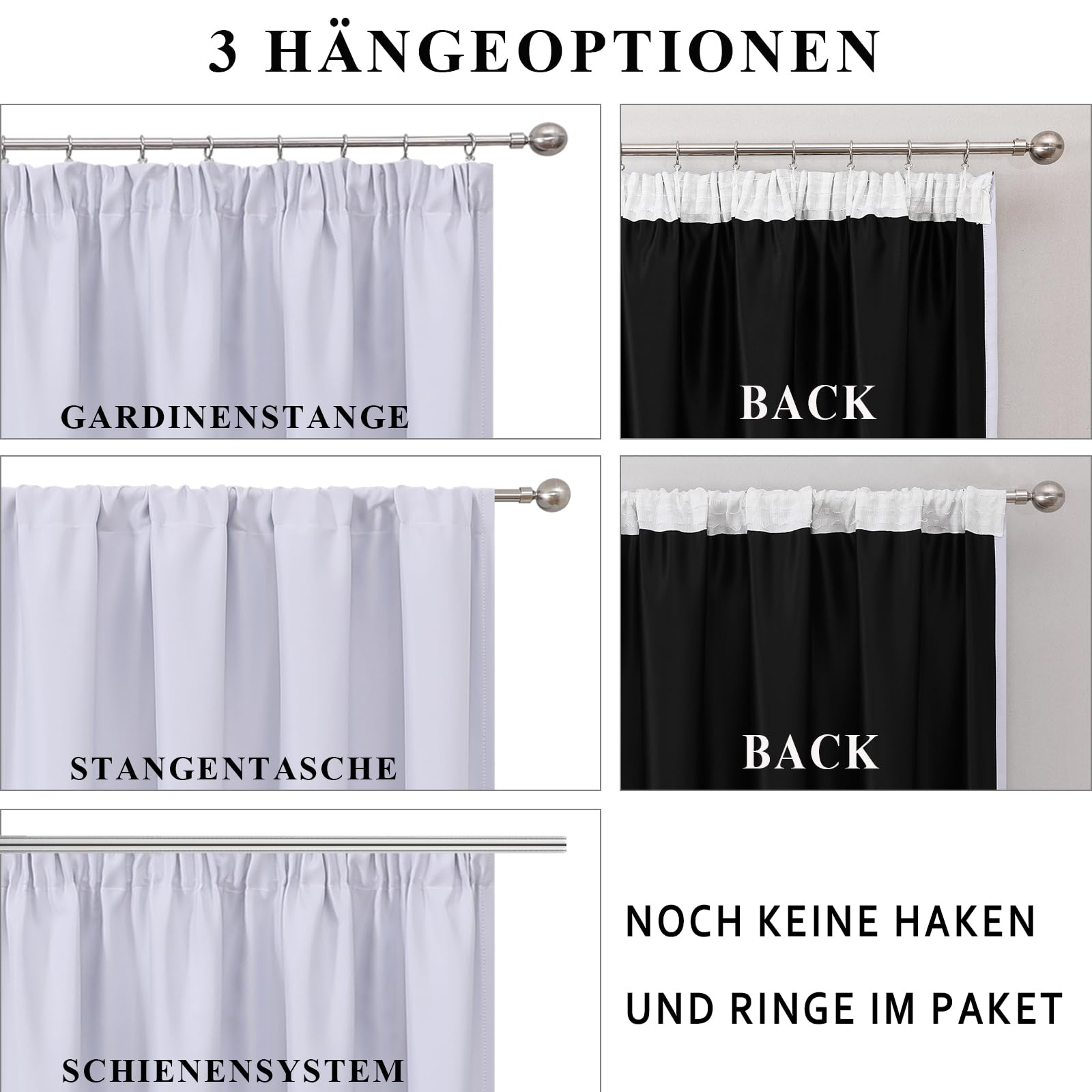 Verdunklungsvorhänge mit Kräuselband, Schwarz und Weiß Vorhänge Blickdicht Schlafzimmer, Ombre Gardinen Schienensystem, 2er Set Thermovorhang Kälteschutz Blackout Curtain, H214 x B132 cm