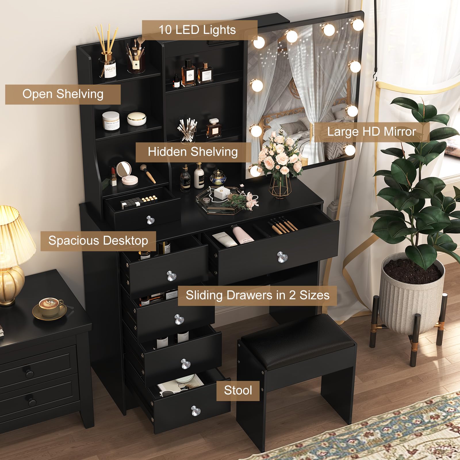 YVYKFZD Kaptafel met LED-verlichting, Make-uptafel met grote lade, Make- up-tafel met 3-kleuren verstelbare aanraakspiegel, make-up set voor dames meisjes (Color : Beige A4, Size : 100cm/39.3in