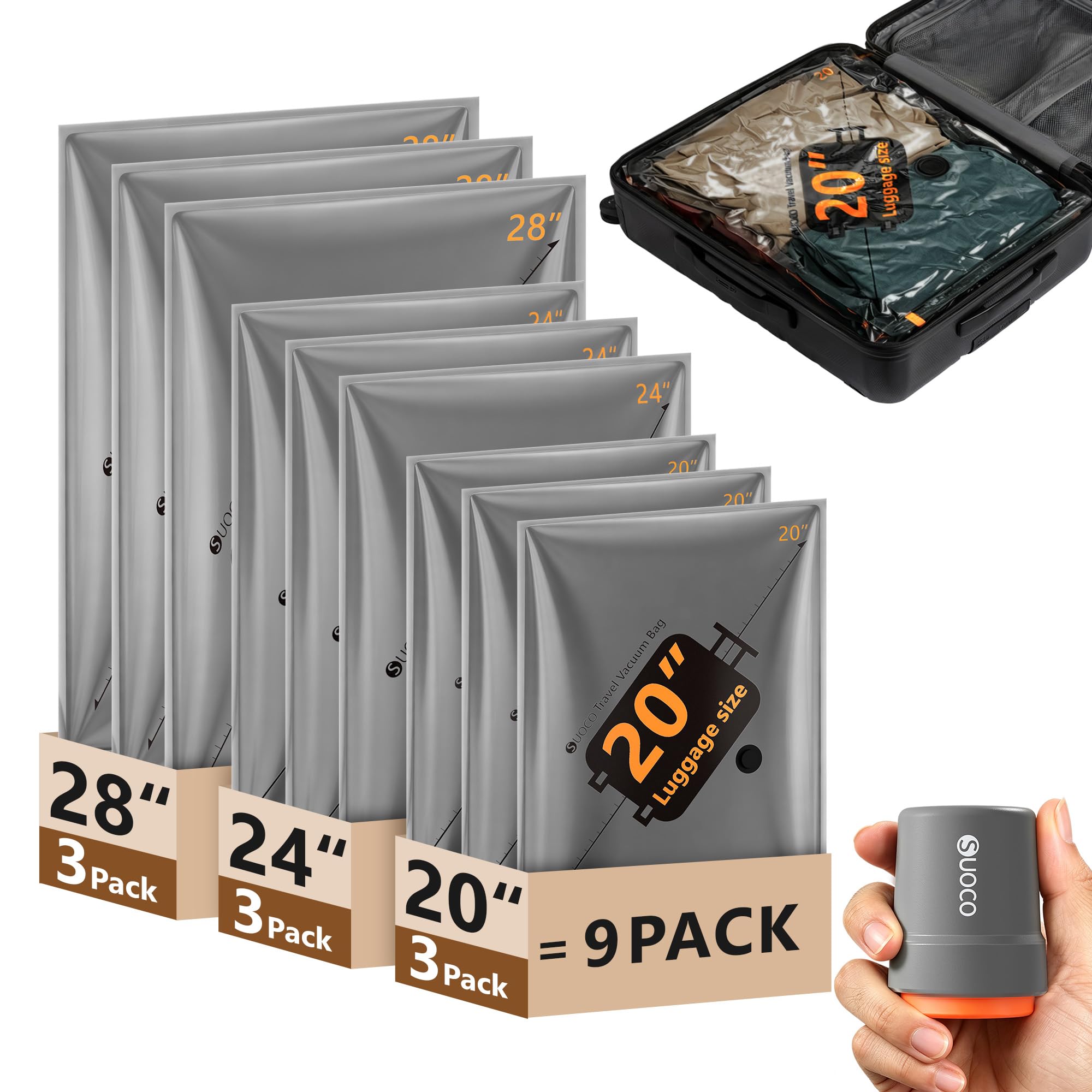 SUOCO 9 Stück Vakuumbeutel für Kleidung mit kabelloser Vakuumpumpe, platzsparend Vakuumierbeutel für Kleider, Vacuum Storage Bags, Koffer Organizer, geeignet für Reisen und Zuhause