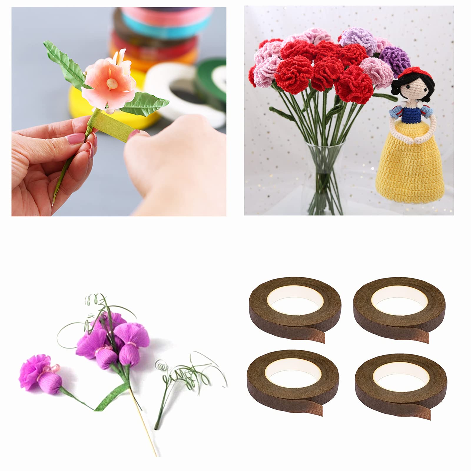4 rollos de cintas florales de 1/2 pulgadas para floristería de tallo y flores para hacer proyectos de manualidades (30 yardas, marrón)