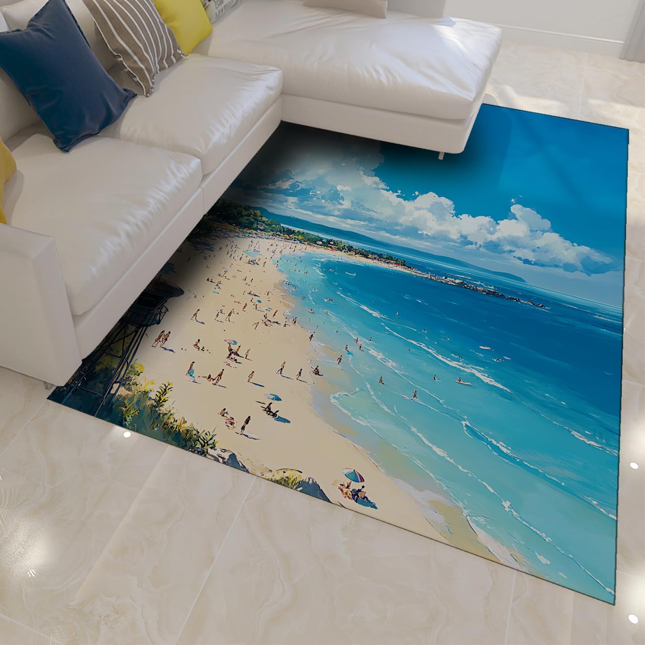 Tapis d'été salon 140x200cm lavable motif vagues océan bleu