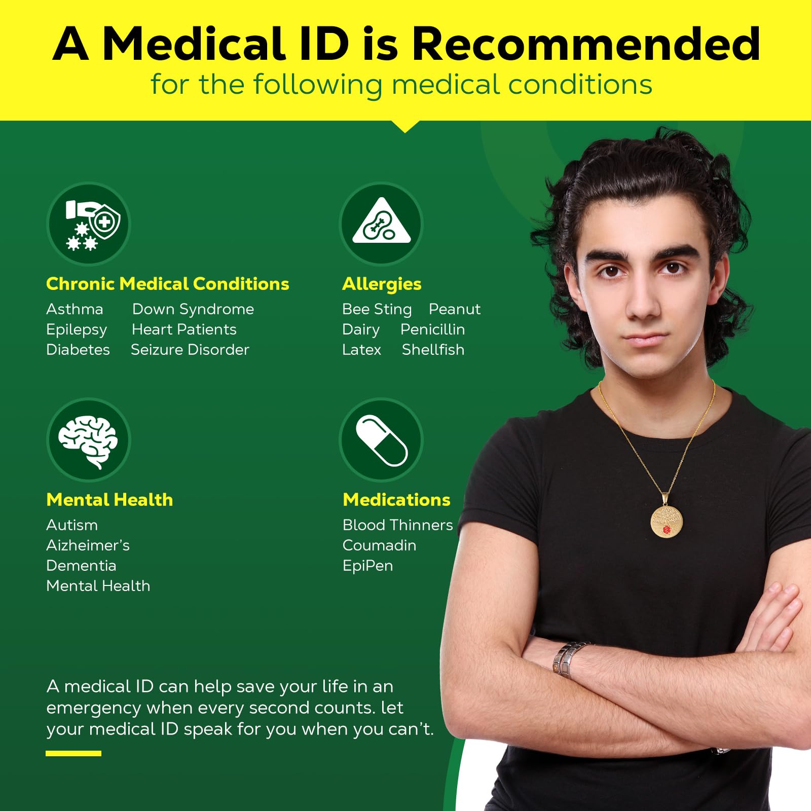 Collar de alerta médica para hombres y mujeres, collar médico de 19 pulgadas grabado con código QR, collar de identificación médica, más espacio personalizado en línea información médica