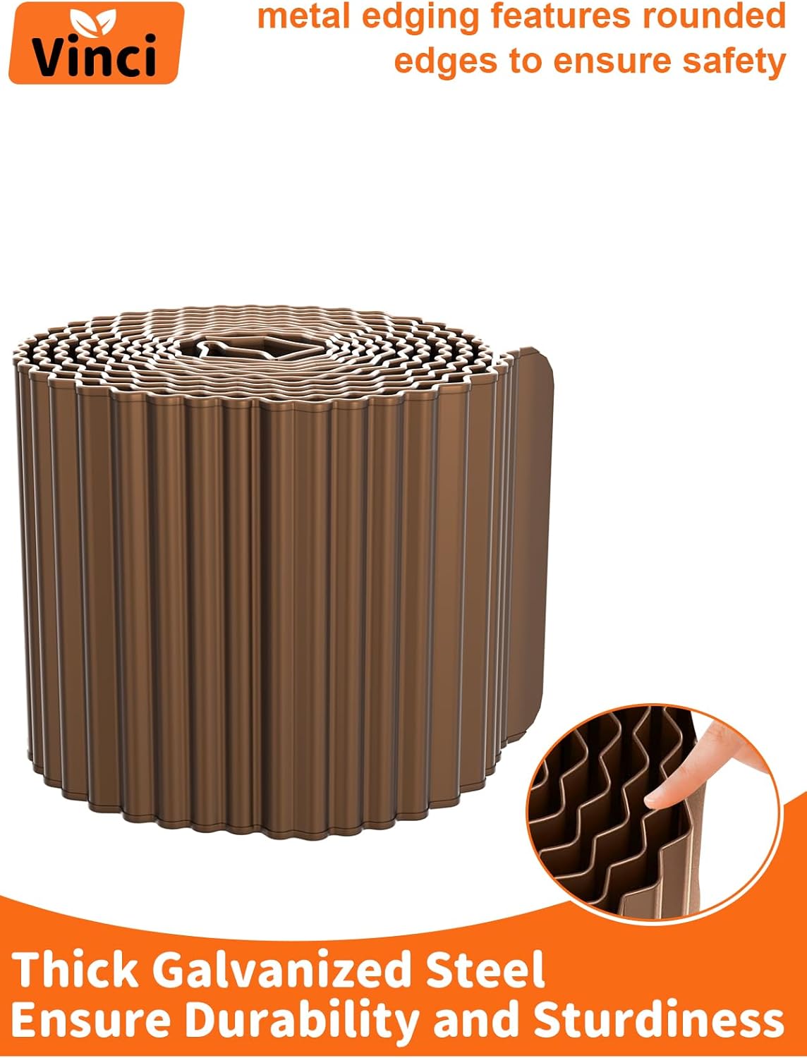 Vinci Garden Landscape Edging Border, 12 Inch x 20 FT Corrugated Sturdy Metal Easy Installation Safe Hemmed Lawn Garden Border Edges for DIY Flower Beds, Pathways and Patio Design (Brown)