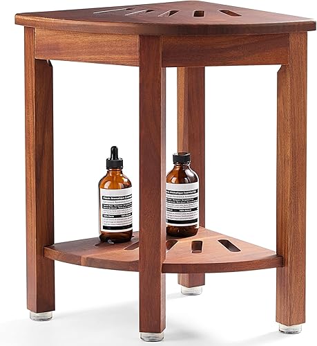 HouseJoy Banco de ducha esquinero con estante, taburete de ducha de esquina de 16.5 pulgadas de alto para afeitarse las piernas, reposapiés de