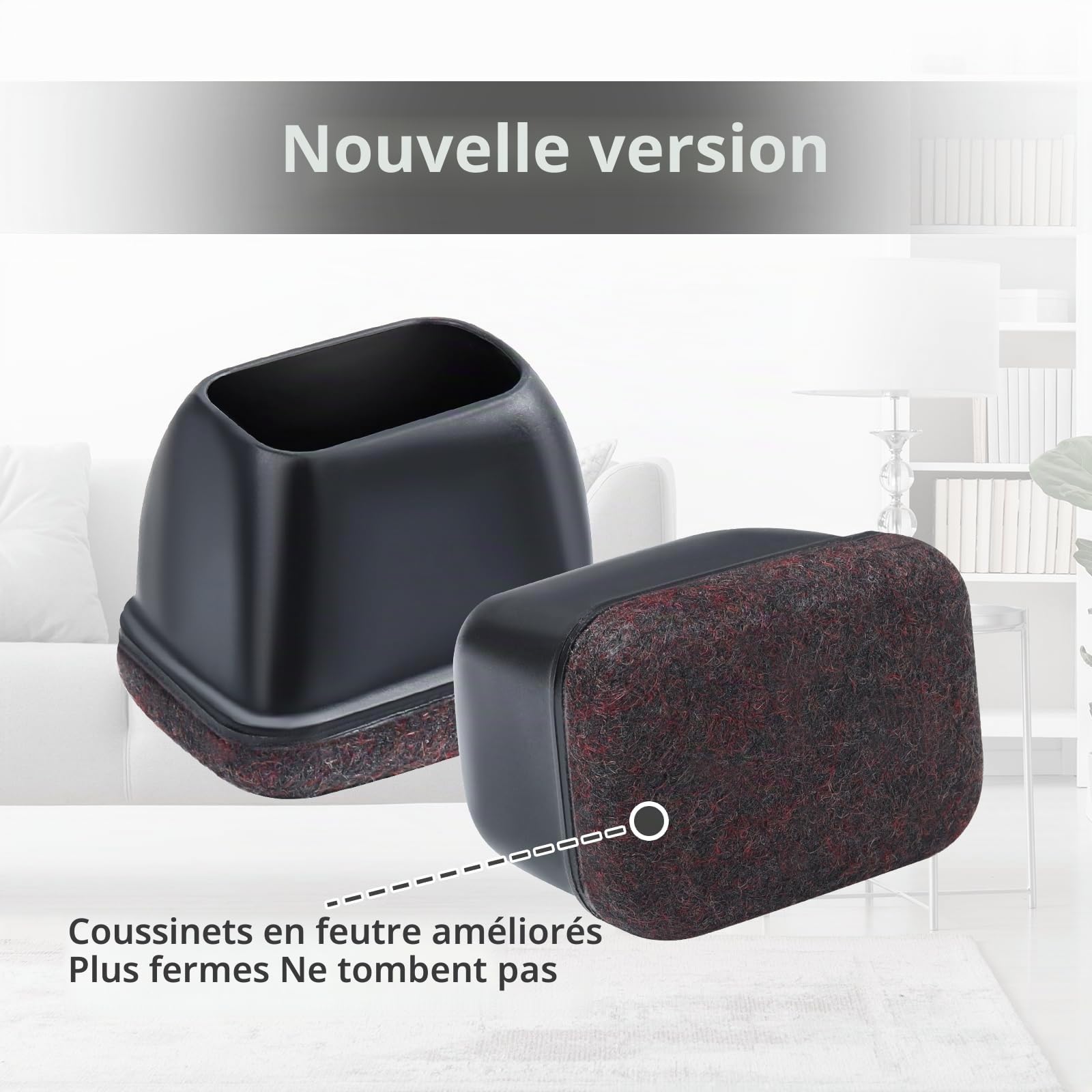 16 Pièces Protection Pied de Chaise, Protection Rectangulaires en Feutre pour Pieds de Chaise, Tampon Chaise Silicone Noir avec Marron Patins en Feutre pour Les Sols en Bois Dur