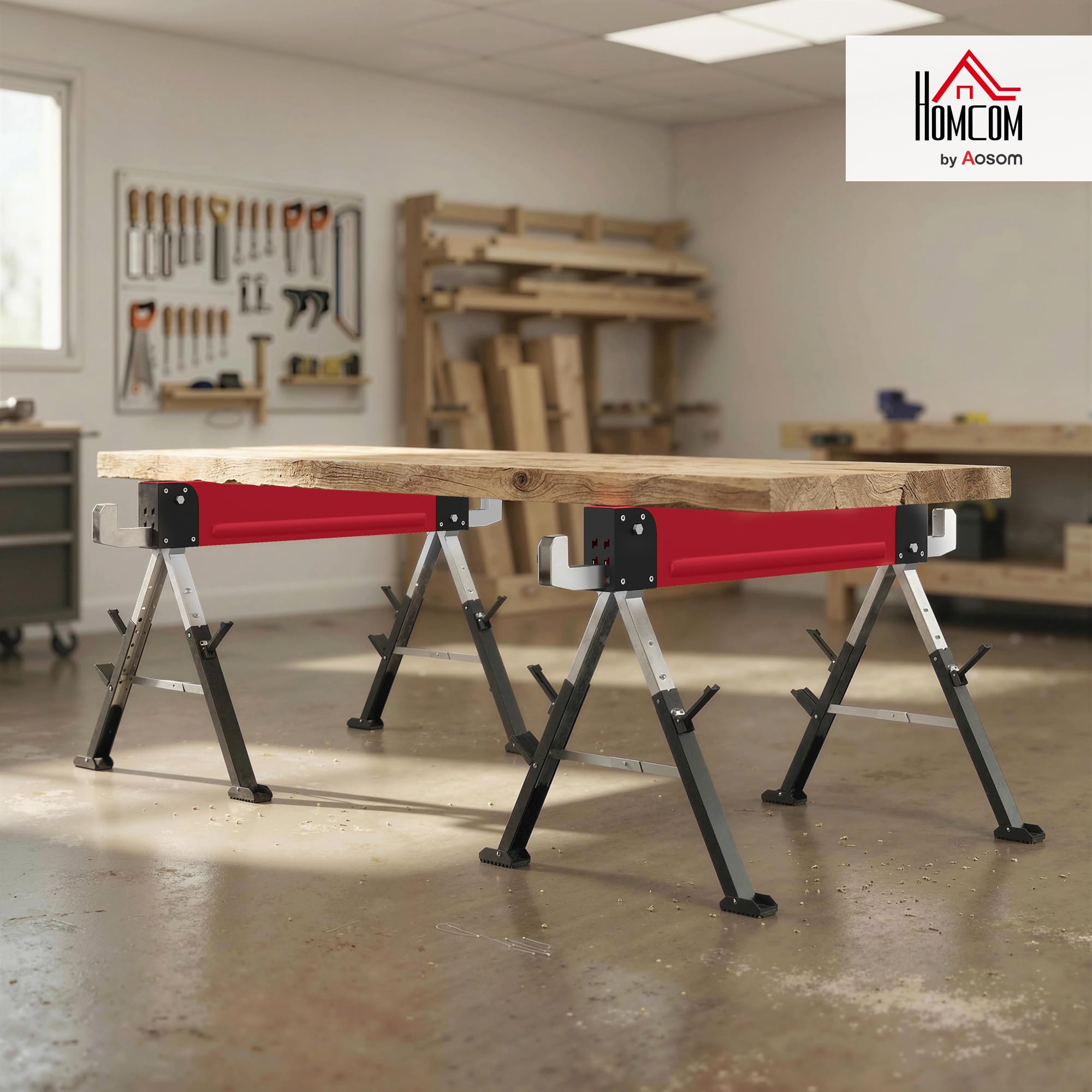 HOMCOM Arbeitsbock Gerüstbock 2er Set Höhenverstellbar 64-81 cm Rot | Belastbarkeit Bis 1160 kg, Klappbar, Sägebock, Metall, Unterstellbock Mit Griff, 7-Fach, Arbeitshöhe 640-810 mm
