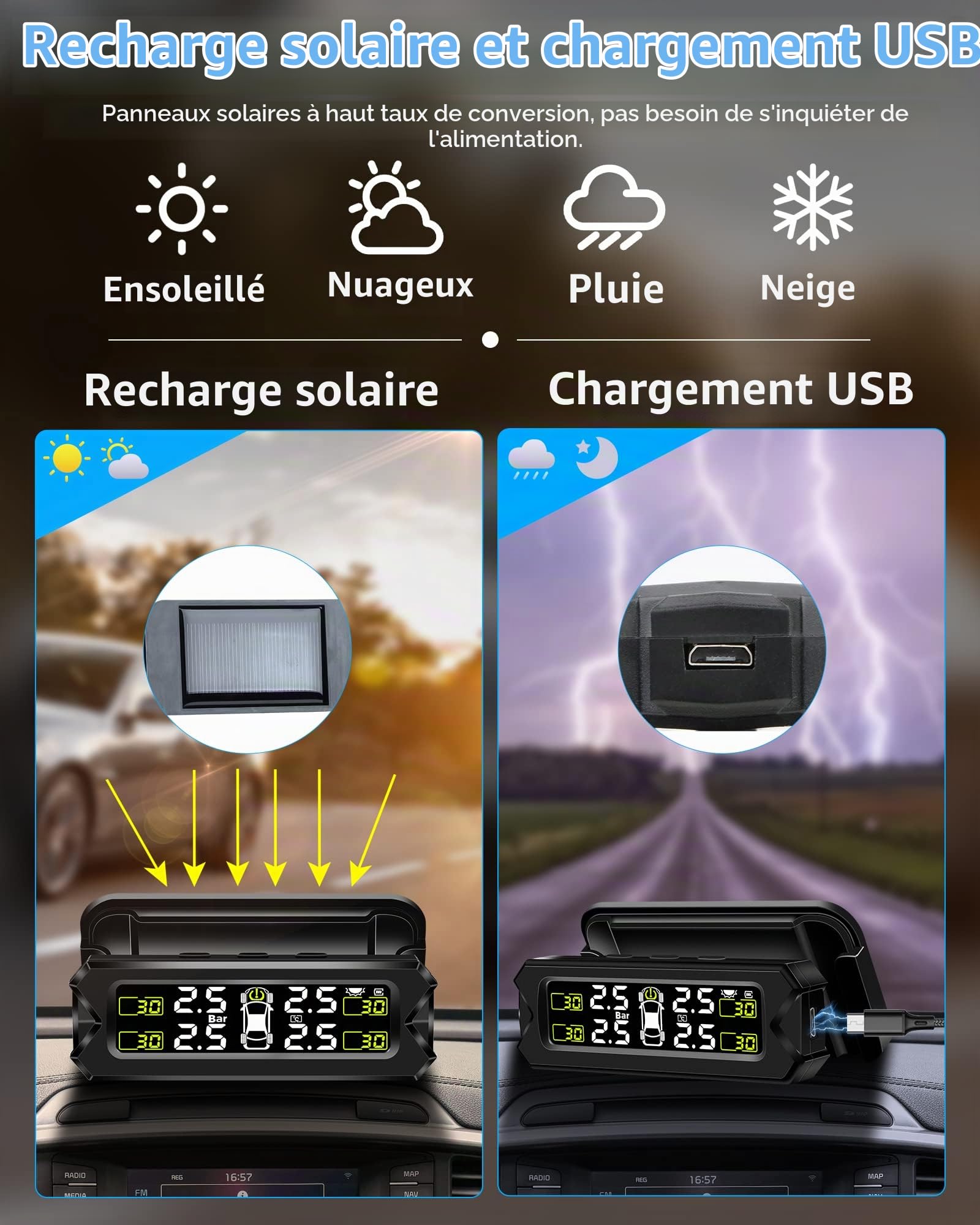 Système De Surveillance De La Pression Des Pneus Tpms Moniteur De Pression Des Pneus Réglable Et Amovible Solaire Avec 6 Modes D'alarme Et Détection Automatique En Temps Réel Pour Voiture 22-87 Psi