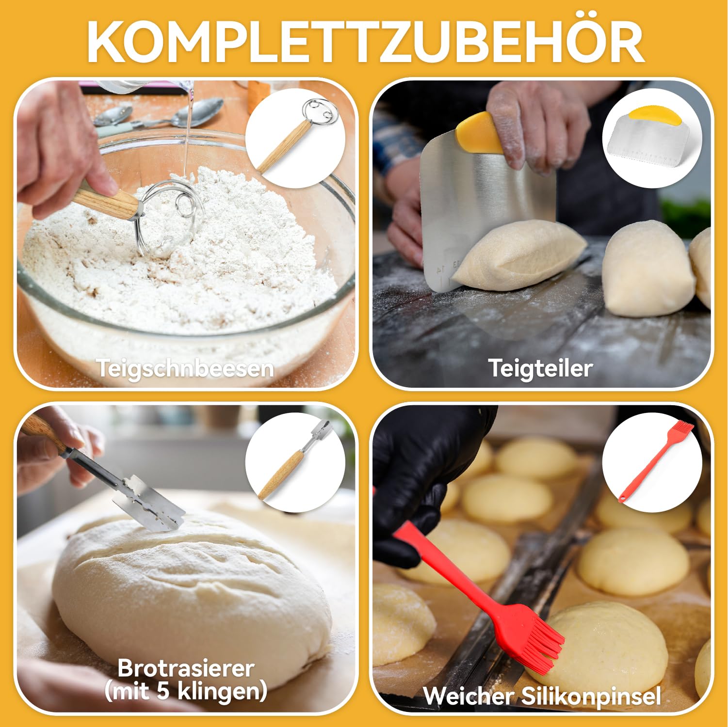 MOWETOO Gärkörbchen mit Heizfunktion und Timer – Rundes Silikon Gärkorb 23cm Brot Backen Zubehör für Sauerteig inkl. Teigschneebesen Teigteiler Silikonpinsel Brotrasierer