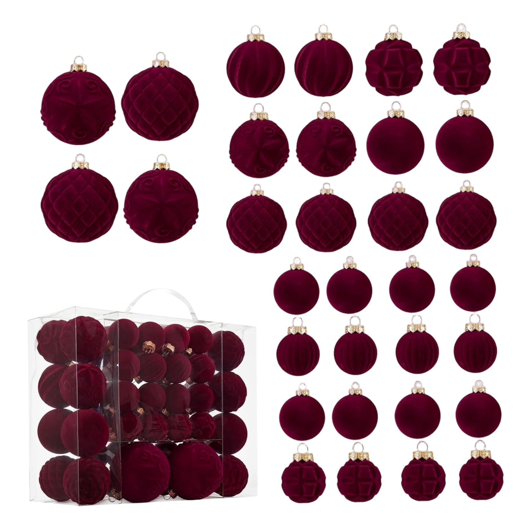 CAKEEYUM 46PCS Velvet Christmas Ornaments 3 Sizes Vintage Shatterproof Flocked Christmas Ball Ornaments for Xmas Tree Holiday Wedding Party Wine Red Velvet, Ball
