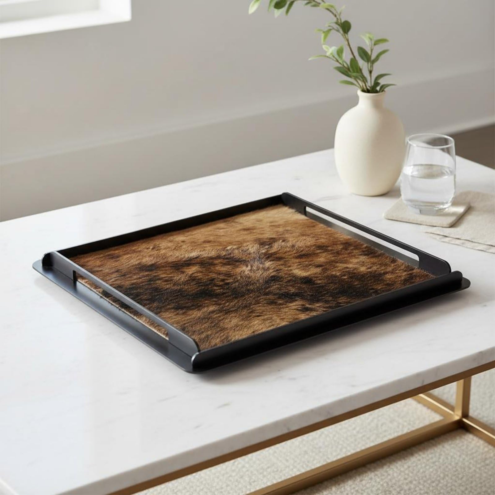Bandeja Decorativa Bandeja Auxiliar Bandeja para Joyas Bandeja Organizadora con Base de Acero Inoxidable y Superficie Decorativa Estilo Contemporáneo, Cuero Marrón