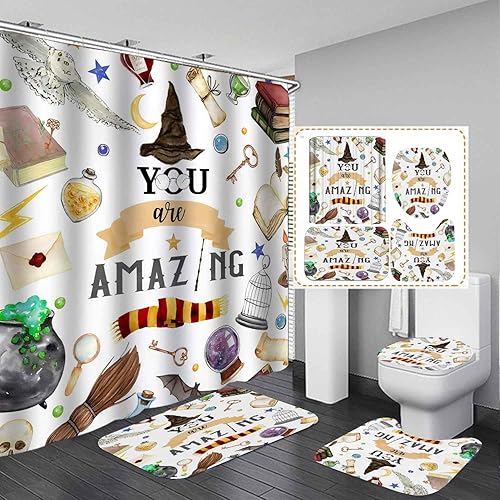 Vista 15 de Juego de 4 cortinas de ducha de calabaza de Halloween con alfombras, cortina de ducha gótica, cortina de ducha negra de tela impermeable, terror