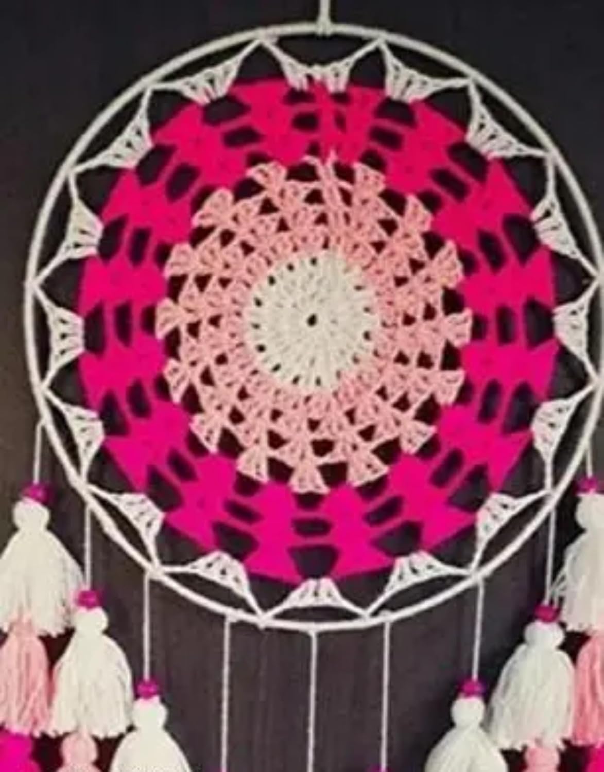 Handmade Dream Catcher with Crochet Design, Pink and White Tassels, Large Boho Wall Decor