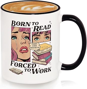 SteadStyle Funny Book Lover for Women Mug 11oz   Born to Read, Forced to Work, Bookish Gifts for Reader Librarian Bookworm, Reading Present for Book Club, Birthday Christmas Coffee Cup