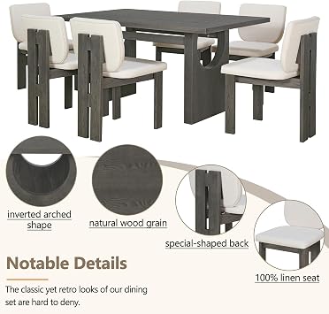 Retro Kitchen Table Set for 6, Wood 7-Piece Retro Dining Room and Kitchen Table Set, Rectangular Trestle Table and 6 Upholstered Chairs for Dining Room and Kitchen, Grey