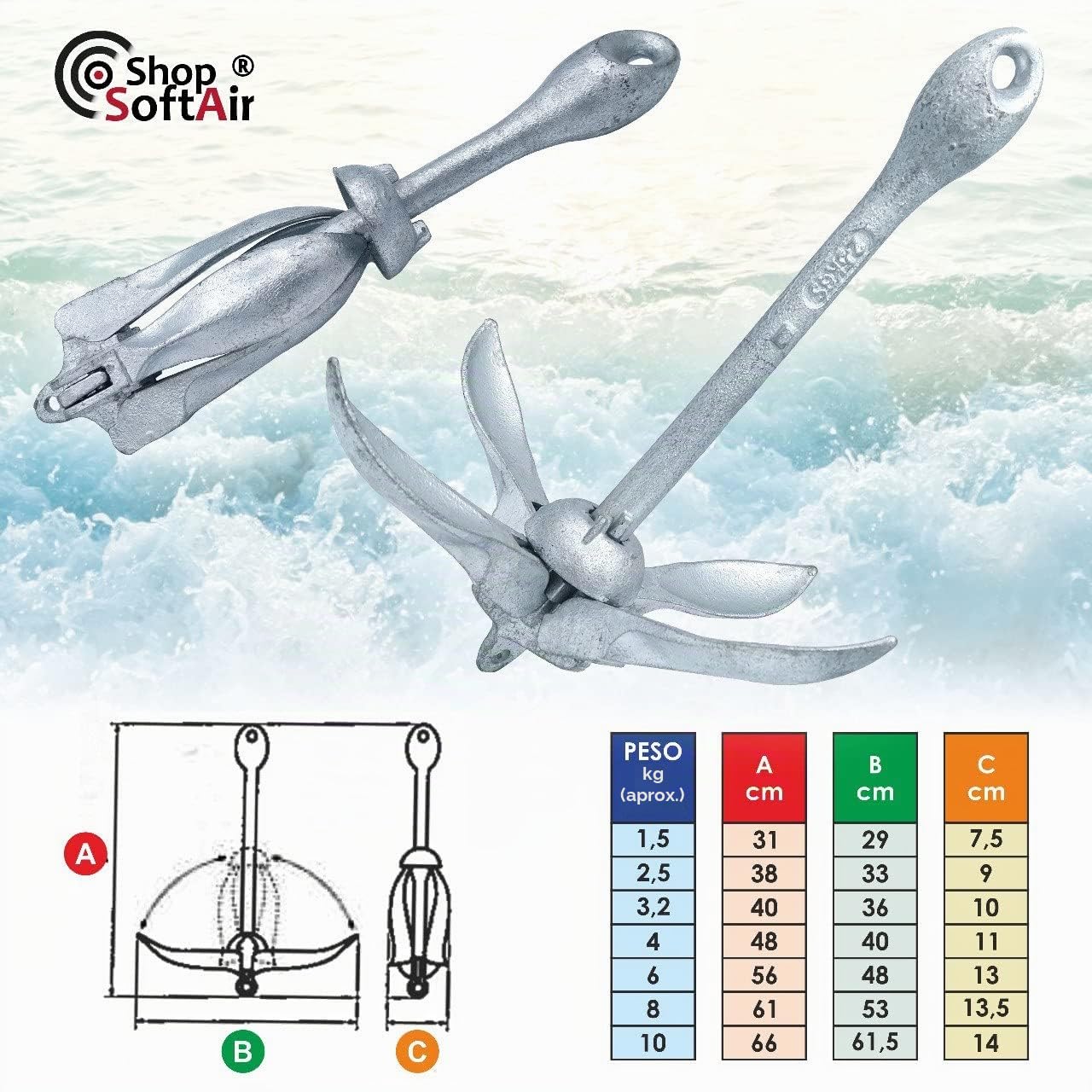 Shop SoftAir® Kit Ancla Paraguas Plegable de Acero Galvanizado Cabo Flotante 30 Metros Levilene Naranja Amarre y Mosquetón de Acero Inoxidable AISI 316 (Ancla 2,5 kg + Cabo 6 mm + Mosquetón)