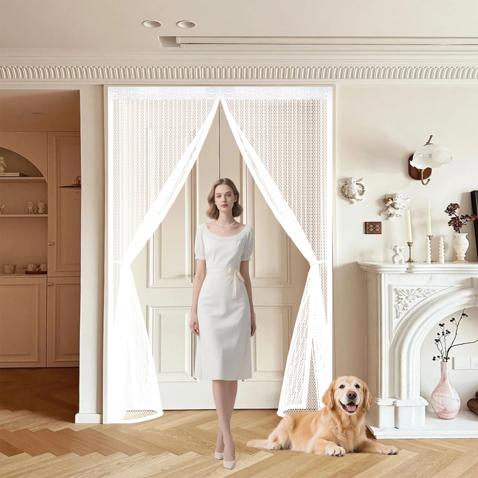 Qenhyun White Mesh Curtain 70 X 205 Cm Keep Bugs Out, Full Frame Magic Tape, Powerful Magnets, Self Sealing, No Drill Installation, French Door Insect Mesh For Patio Exterior Indoor Doors,