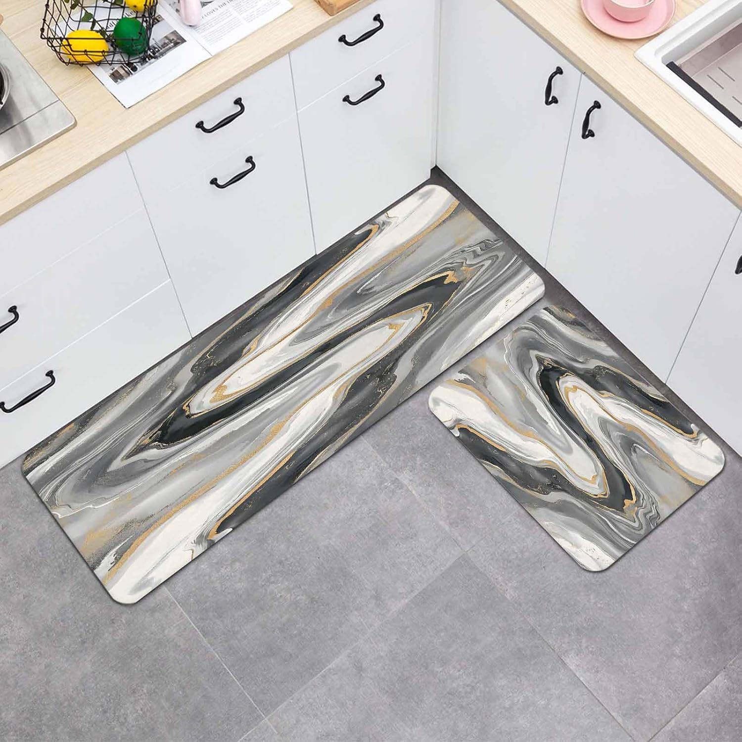 Prime Leader Grey and Gold Marble Kitchen Mat Set 2 Pieces Modern Abstract Grey Gradient Non Slip Kitchen Rugs Washable Runner Rug Mats for Sink Laundry (15.7" x 23.6"+15.7" x 47.2")
