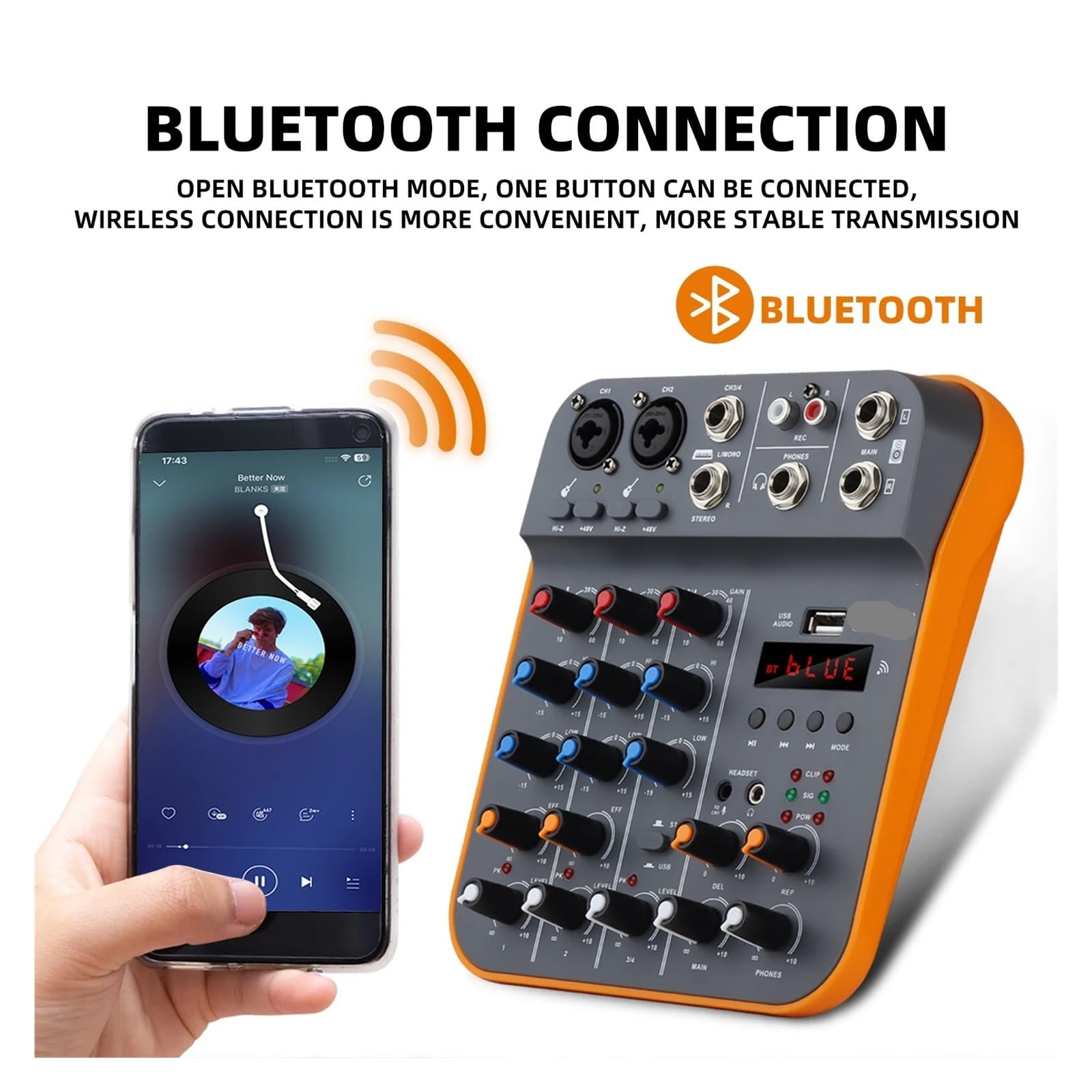 Kontroler DJ-ski, Mikser, 4-kanałowa konsola DJ-ska z kartą dźwiękową Bluetooth USB 48 V do nagrywania na komputerze, mikrofon, transmisja na żywo