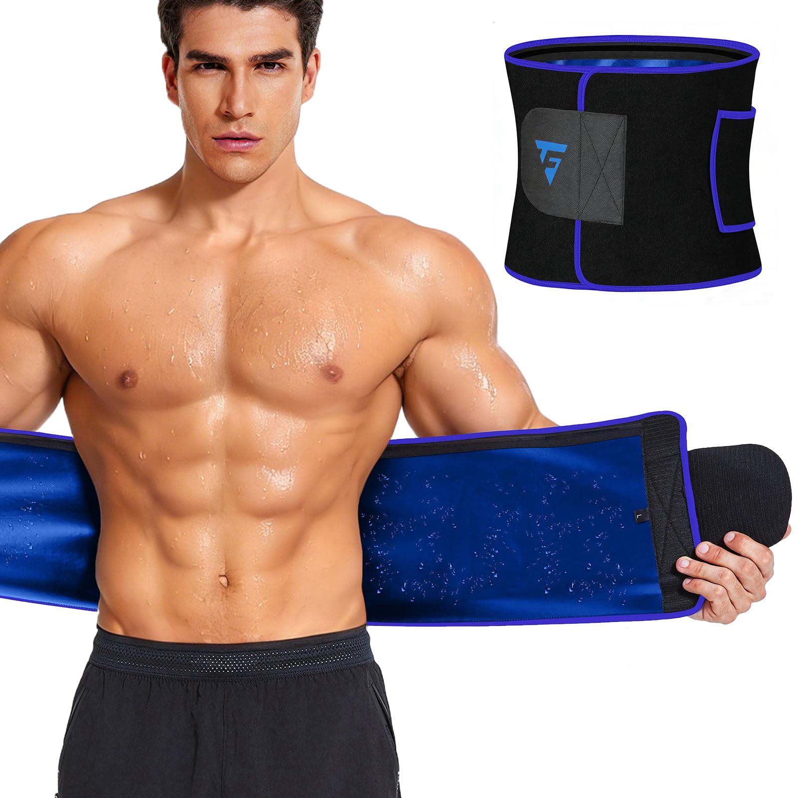 FUXERT Waist Trimmer Belt for Men & Women Sweat Belt for Belly Fat, Blue, Large