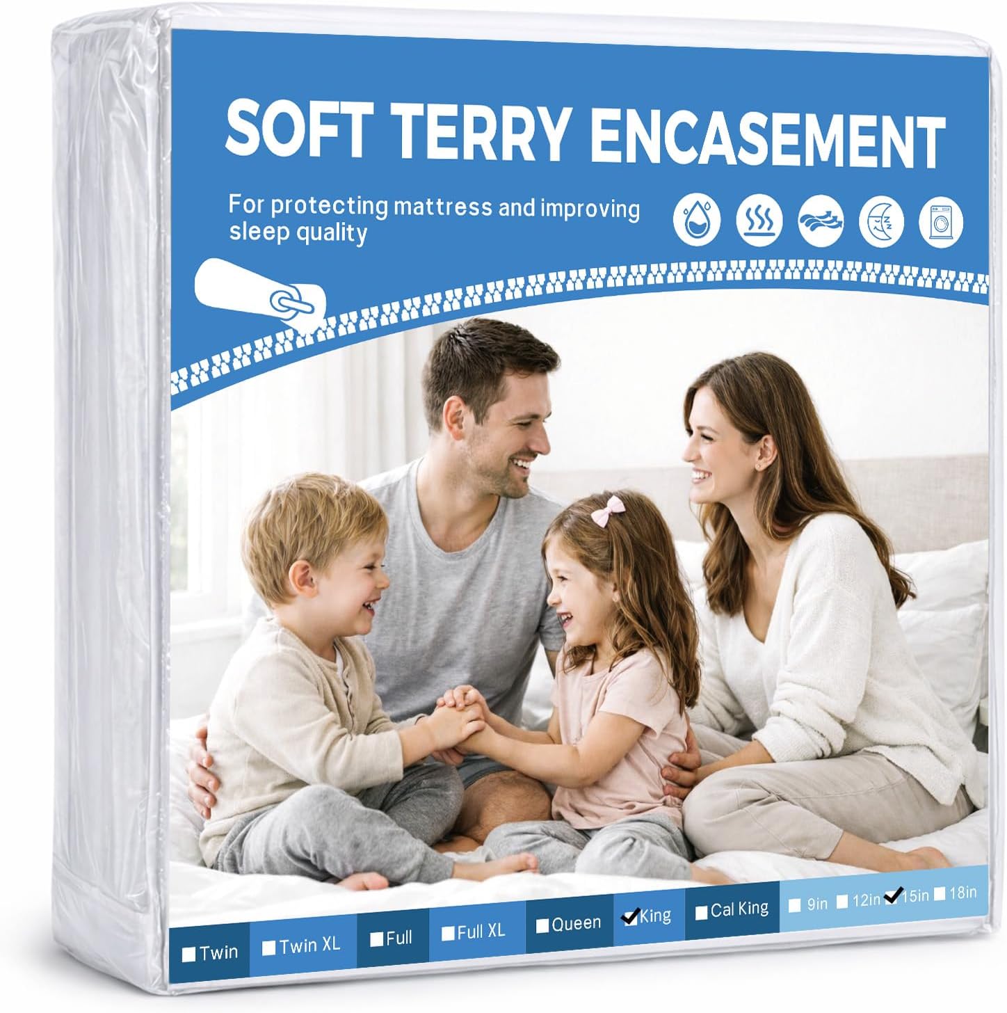 HUPPER King Mattress Protector Zippered (12/13/14/15Inchs), Terry Cloth Mattress Encasement, 6-Side Waterproof Mattress Cover, Micro Zipper, Noiseless, for Queen Mattress 76 * 80
