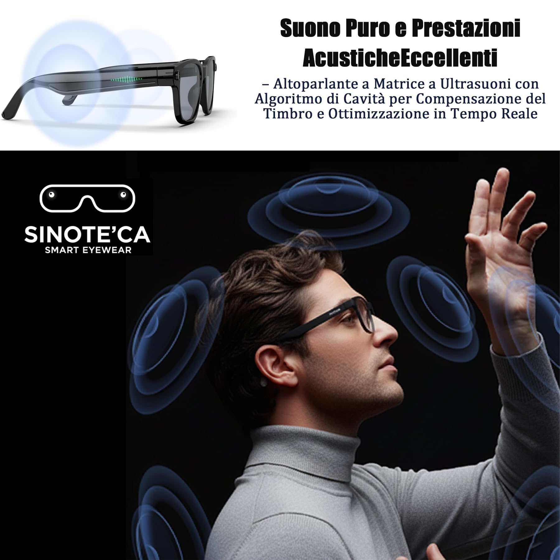 AI Smart Glasses con Telecamera 8MP, Occhiali Intelligenti Bluetooth da Uomo, Occhiali da Sole con Videocamera Integrata, Traduzione in Tempo Reale, Musica Open-Ear, Microfono Dual Noise Reduction