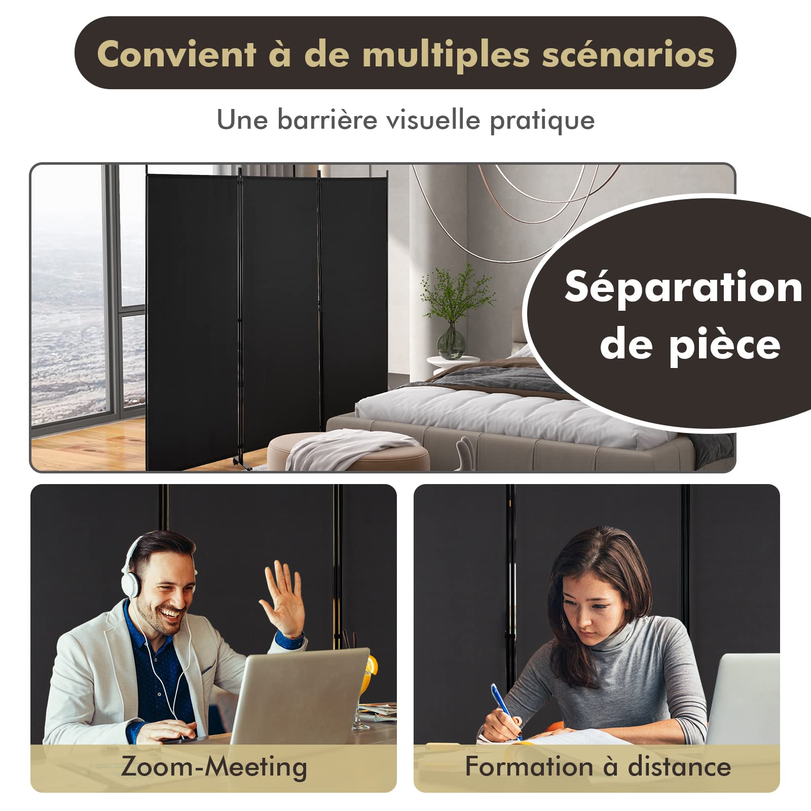 COSTWAY 262x180cm Paravent Intérieur 3 Panneaux à 8 roulettes, Cloison de Separation Interieur Pliable, Cadre en Metal, Tissu Polyester, Separateur de Pieces pour Salon Bureau Balcon (Noir)