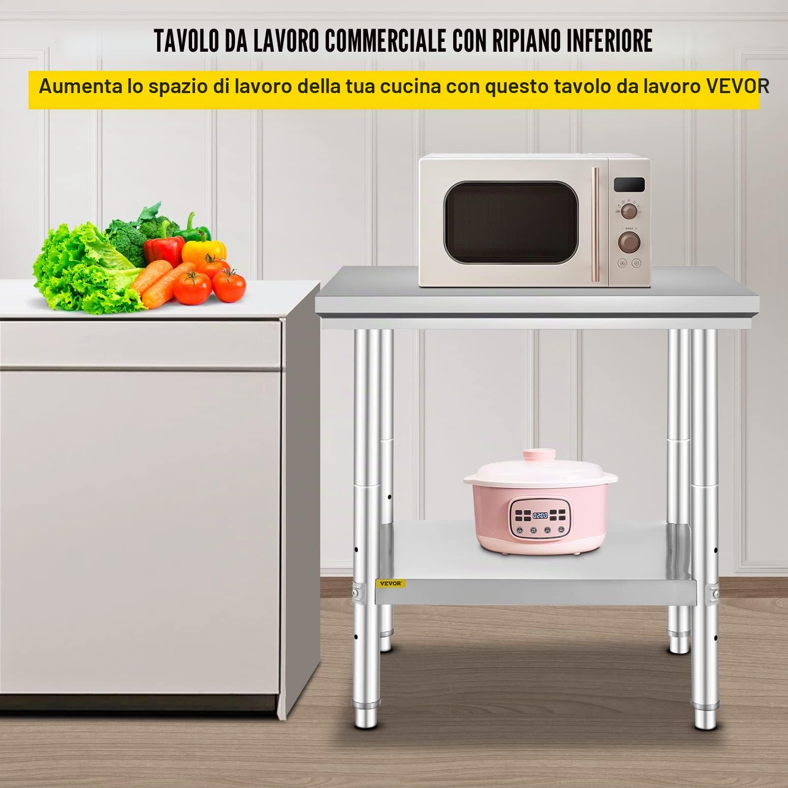 VEVOR 60 x 76 x 80cm Piano di Lavoro per Cucina Professionale Acciaio Inox, Tavolo da Lavoro da Cucina Piano di Lavoro Inox, Tavolo da Lavoro per Cucina Professionale in Acciaio Inox con Baclsplash