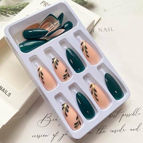 Miniatura 4 de 24 uñas postizas a presión en forma de almendra de longitud media, uñas postizas verdes con diseños de hojas doradas, uñas acrílicas de cobertura