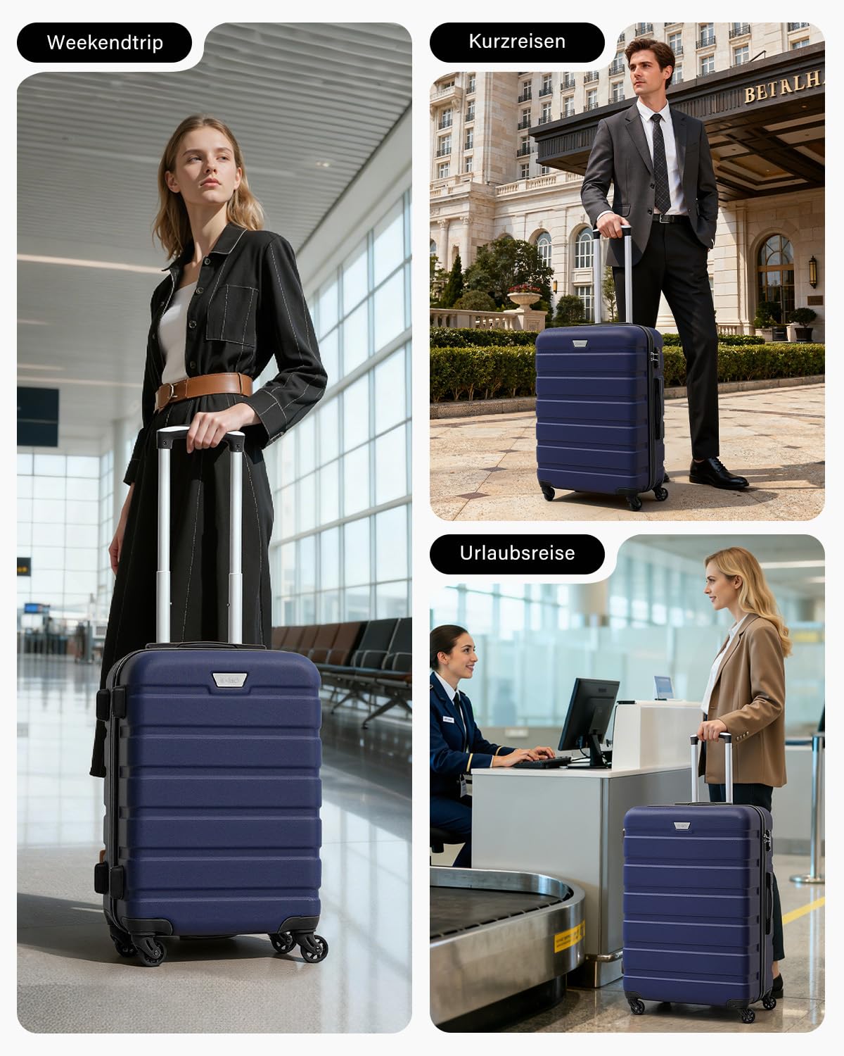 COOLIFE Set de 3 Valises pour Voyages en Famille et à l'International, ABS+PC, Rigide, Valises avec Roues Pivotantes à 360°, Fermetures Éclair YKK, Serrures à Combinaison TSA,Dunkelblau