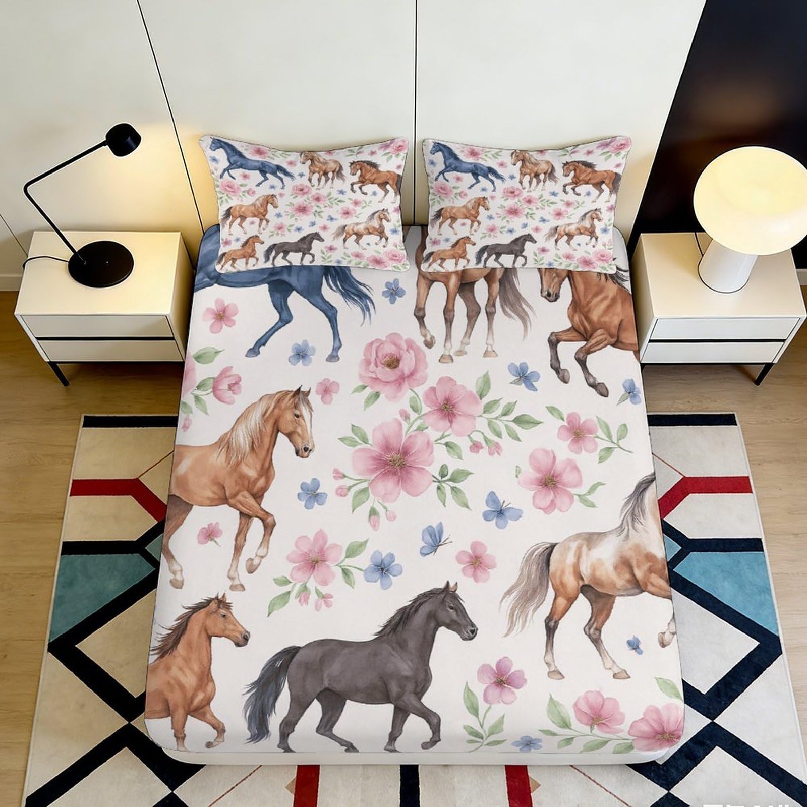 Uxinyoume Style-8 3D Printed Horse Floral Fitted Sheet Microfiber Soft Slip-Resistant Bed Sheet Decor For Bedroom Guest Room Dorm 90X200x25cm