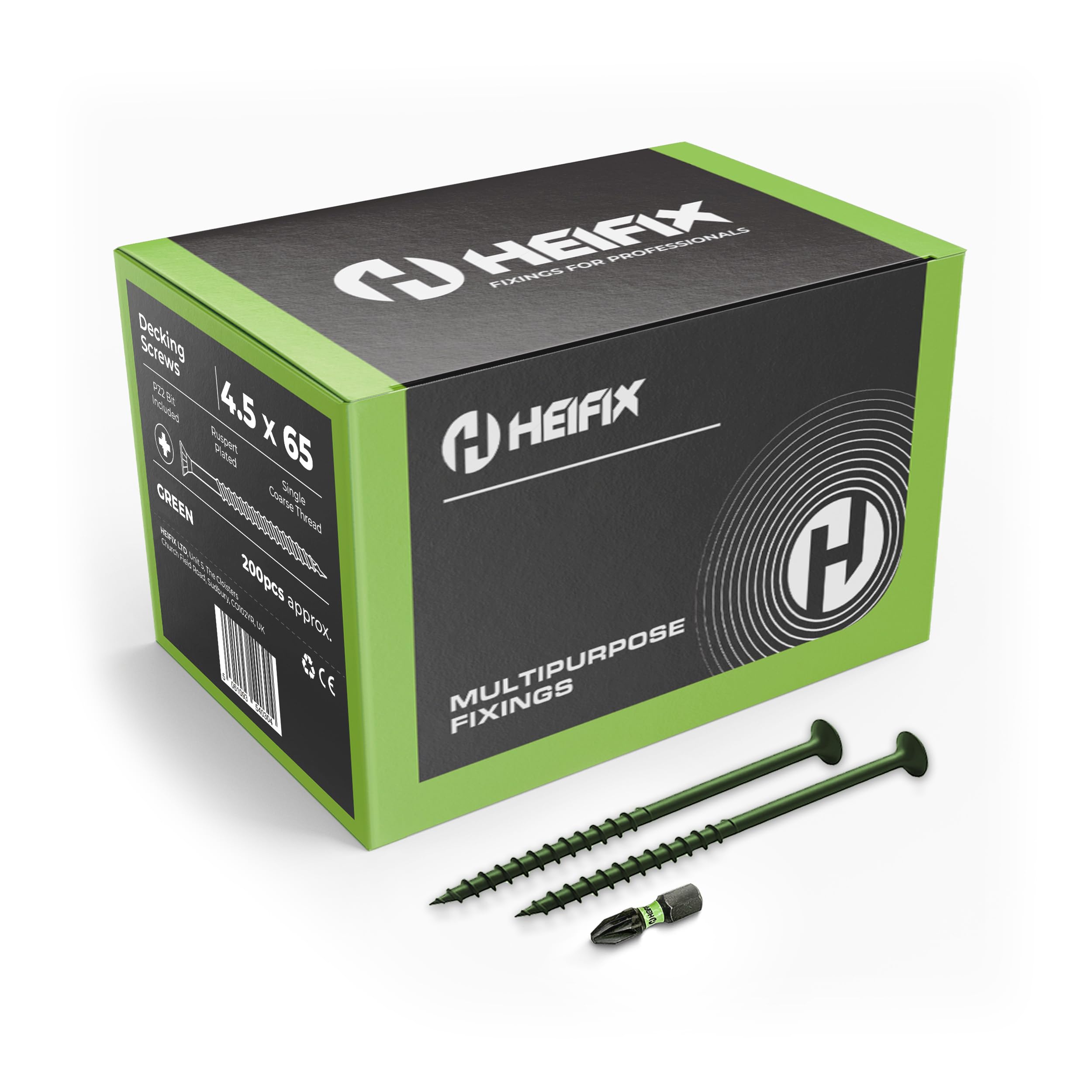 Heifix Decking Screws Pozi Countersunk - FREE Screw Bit Included (QTY 200, 4.5 x 65mm)
