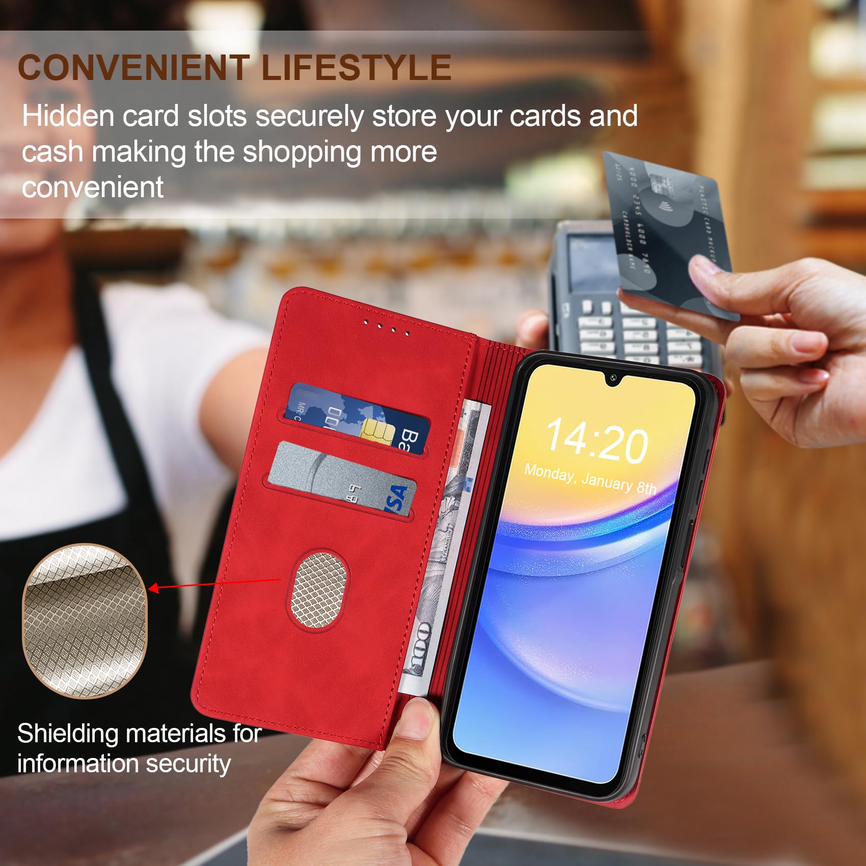 QHOHQ Cover per Samsung Galaxy A15 4G/5G + Vetro Temperato, [RFID Antifurto], Libro Custodia Portafoglio Premium Pelle PU, [Multifunzionale], Chiusura Magnetico Aletta Antiurto Case (Retrò)-Rosso
