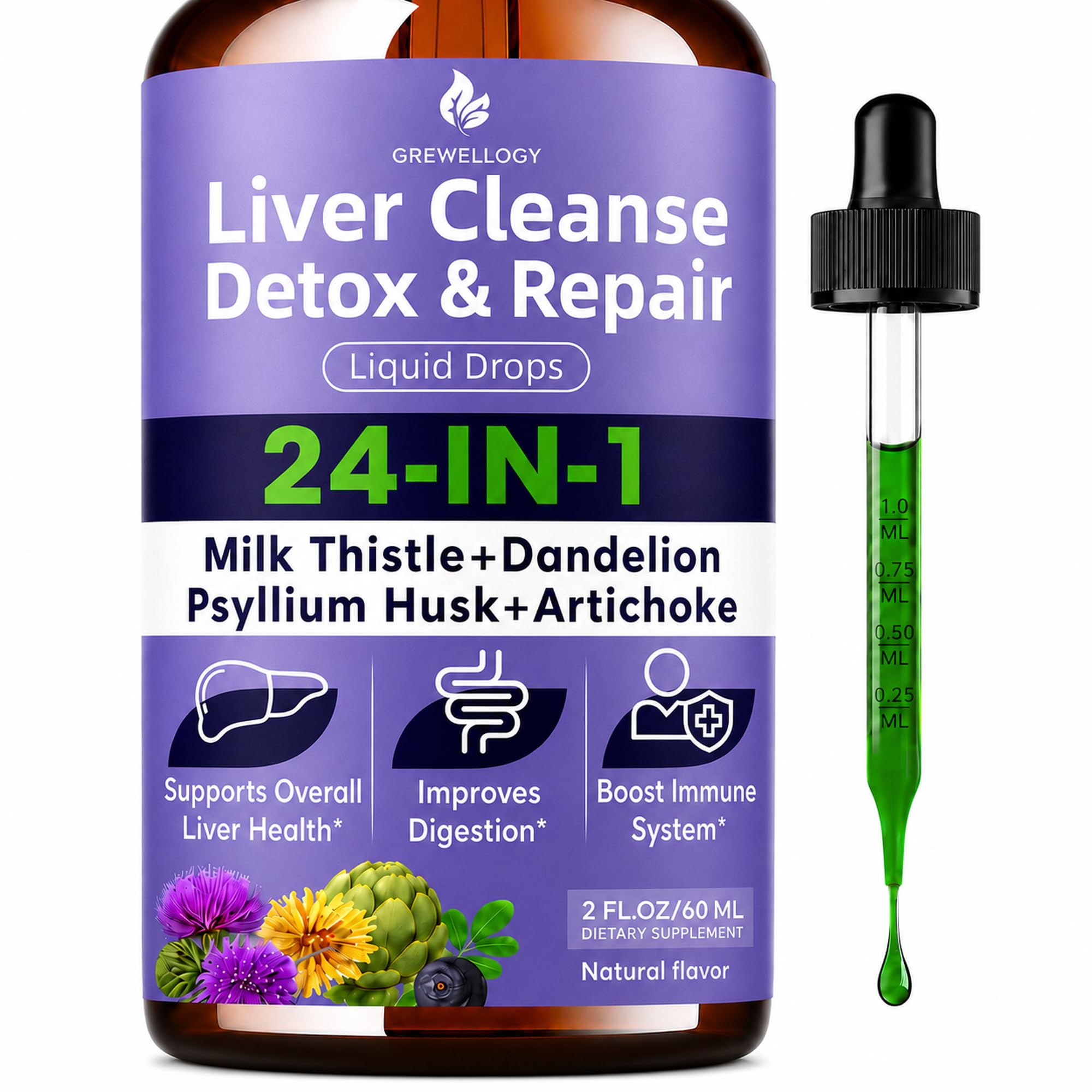 Liver Cleanse Detox & Repair Drops, 1000mg Milk Thistle, 24-in-1, 2 Fl Oz