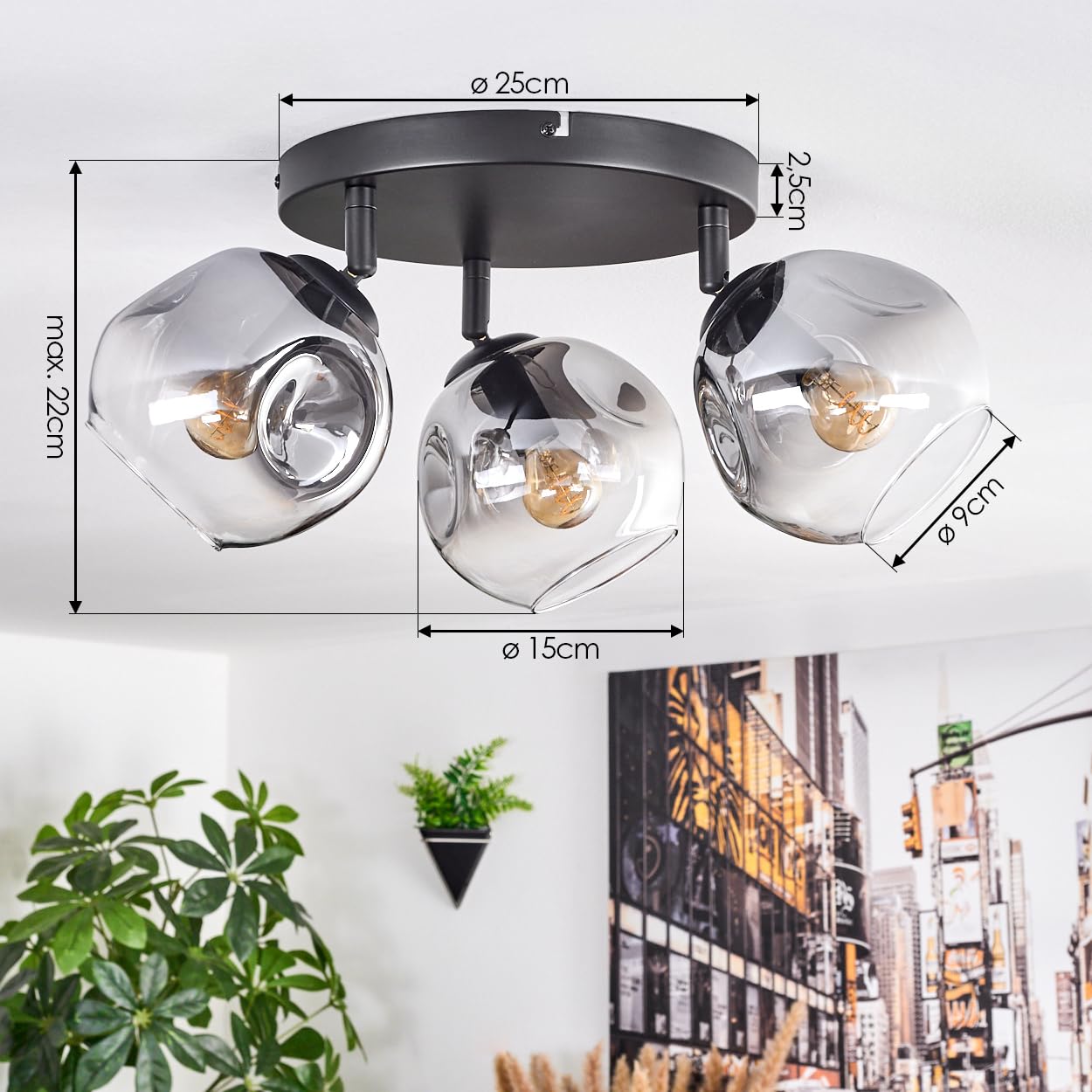 HOFSTEIN Deckenleuchte Ripoll, 3-flammige Deckenlampe aus Metall/Glas in Schwarz/Rauch/Klar, verstellbare Leuchte im Retro/Vintage-Design (Ø Schirme 15 cm), E14, Esszimmer, Wohnzimmer, Schlafzimmer