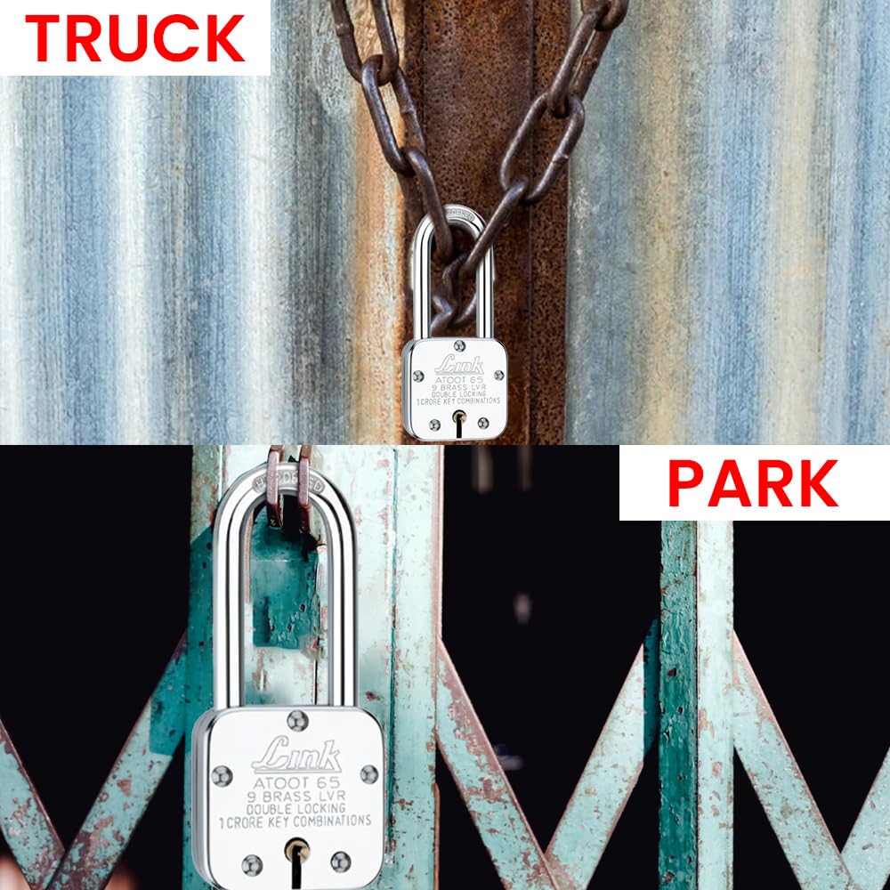 Link® Atoot 65Lsmm Long Shackle | 1 Crore Key Combinations | Steel Body | Hardened Shackle | 9 Brass Lever | Made in India | Each Padlock with 3 Silver Keys (Pack of 2) — Amazon image 5