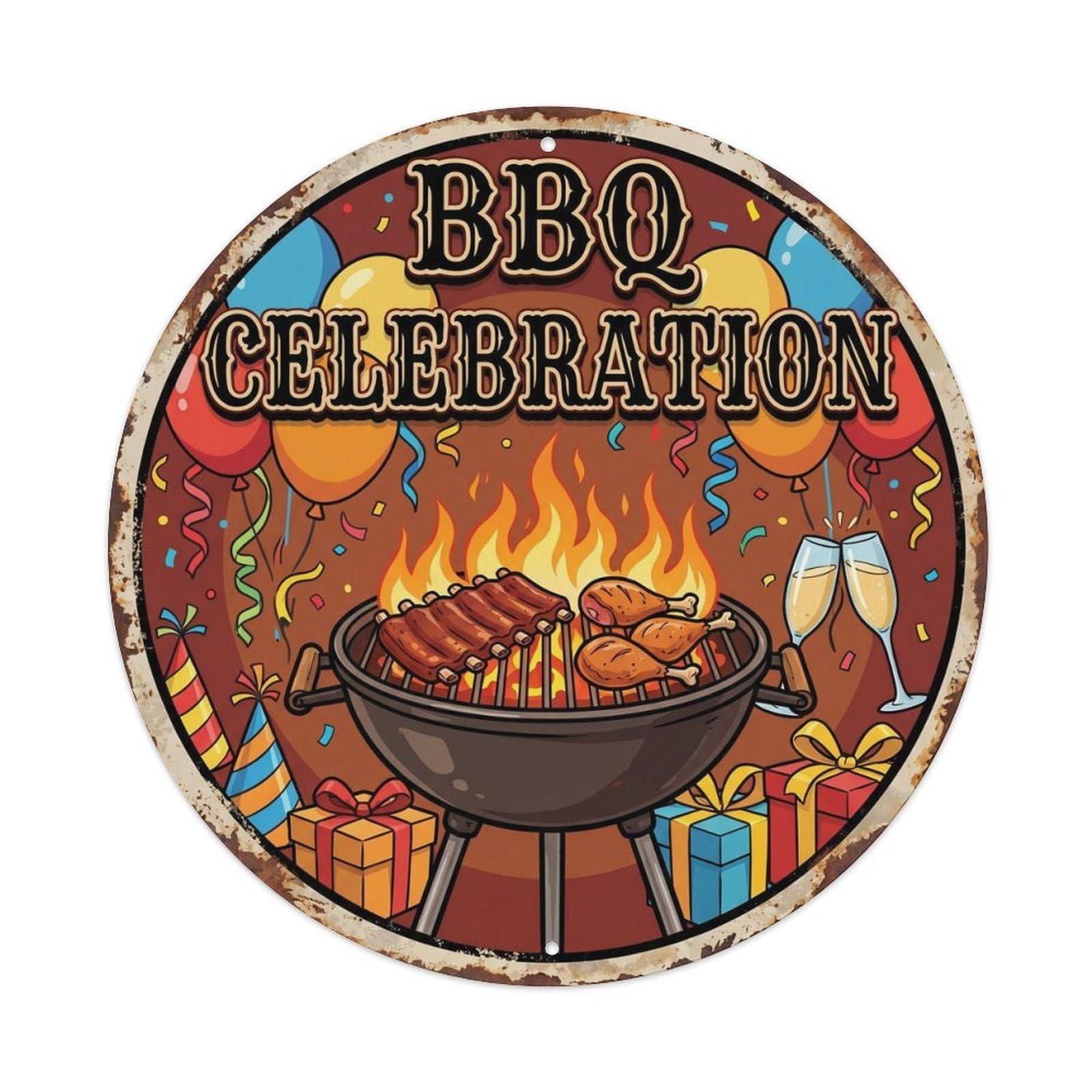 Vintage BBQ Barbecue Celebration Artwork Metal Tin Sign Plaque Wall Decor for Cafe, Club, Garden Round Metal Poster 8x8Inch