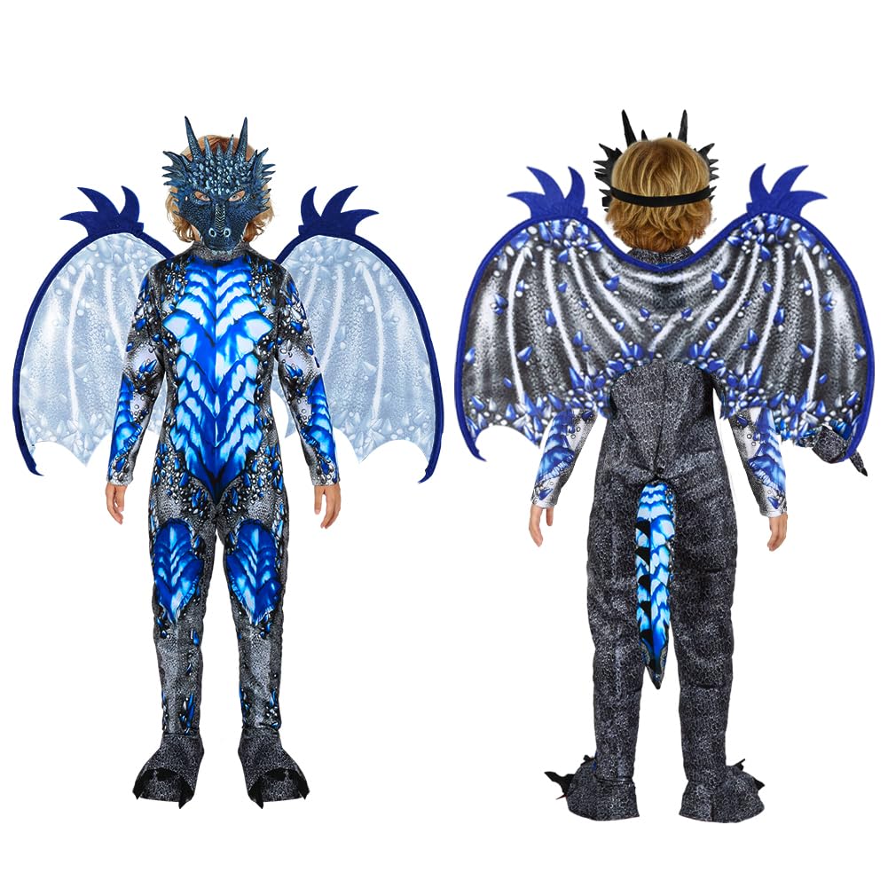 AYBUY Costume da Drago per Bambini, Tutina da Drago per Ragazzi Ragazze con Ali Maschera Guanti e Ala Posteriore, Costume Dragon Onesies Bambini per Carnevale Halloween Cosplay