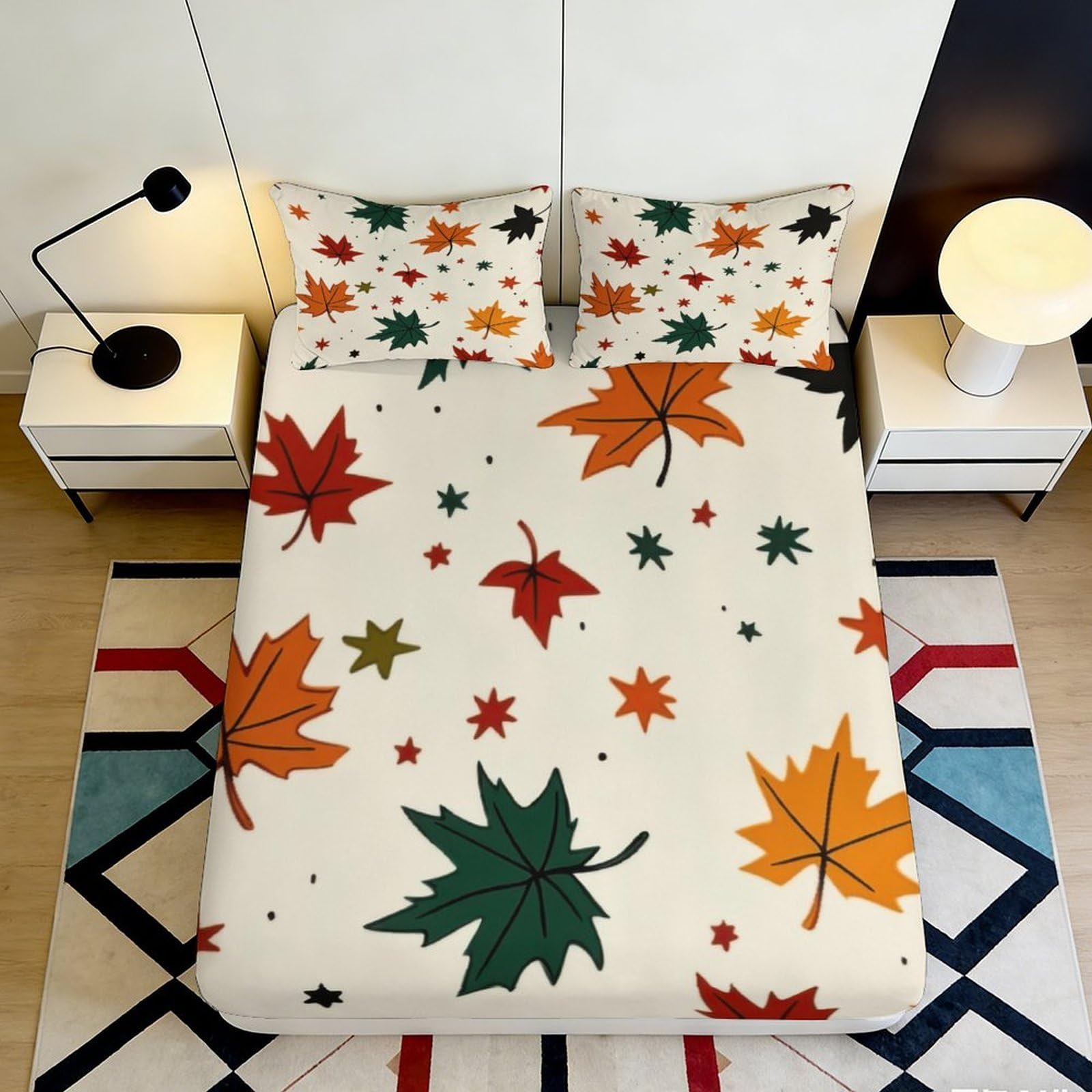 3D Printed Autumn Leaves Fitted Sheet Microfiber Soft Breathable Maple Pattern Bed Cover for Bedroom Dormitory Guest Room Mattress Protection Decor 160x200x25cm