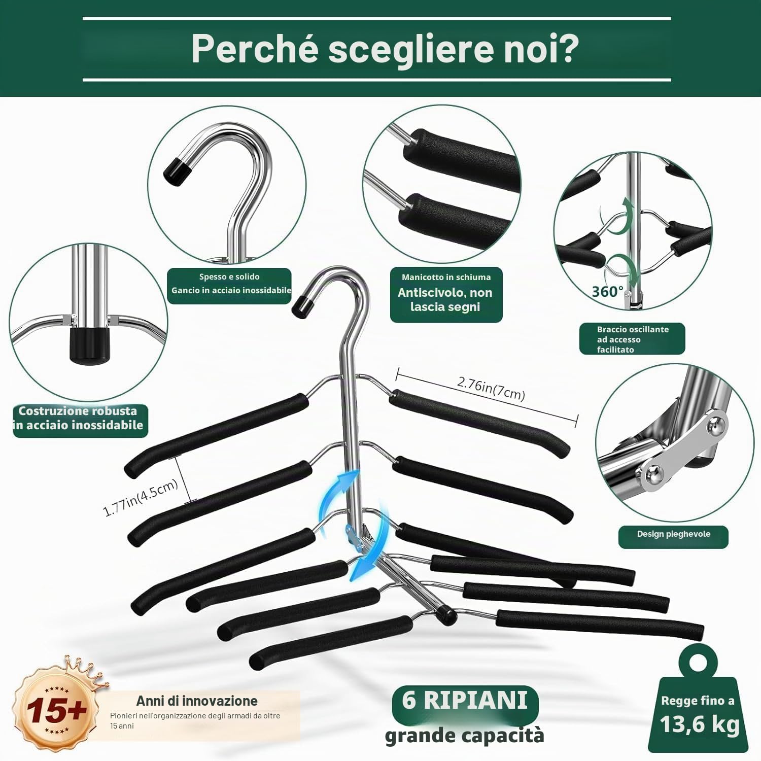 ZriEy Gruccia salvaspazio a 6 livelli, pieghevole, antiscivolo, con imbottitura in gommapiuma, gancio in metallo, organizer e conservazione, confezione da 2