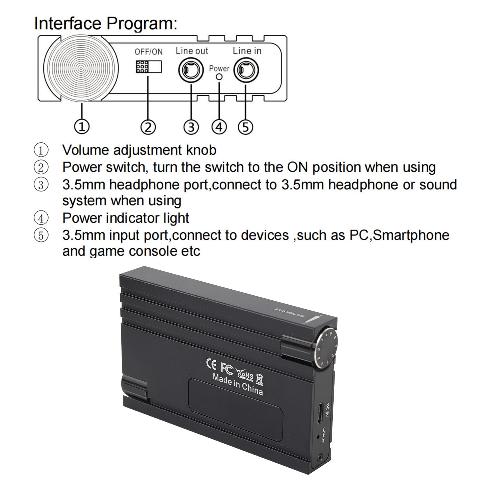 Amplificatore per cuffie HIFI, amplificatore per cuffie portatile wireless con supporto per impedenza da 16 a 600 Ω, jack da 3,5 mm, corpo in lega di alluminio, regolazione dei bas