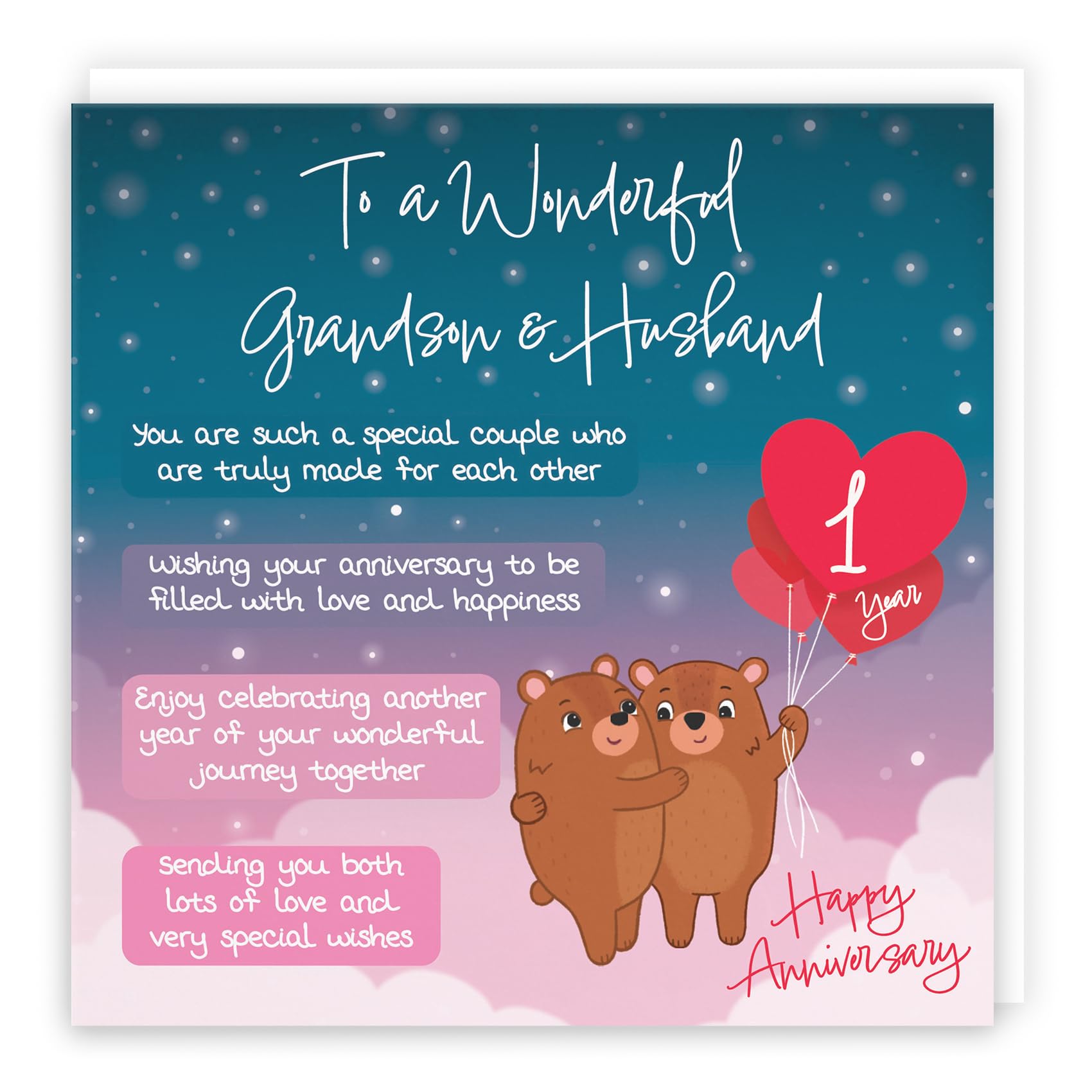 Hunts England, Grandson And Husband 1st Anniversary Card, Starry Night, Cute Bears