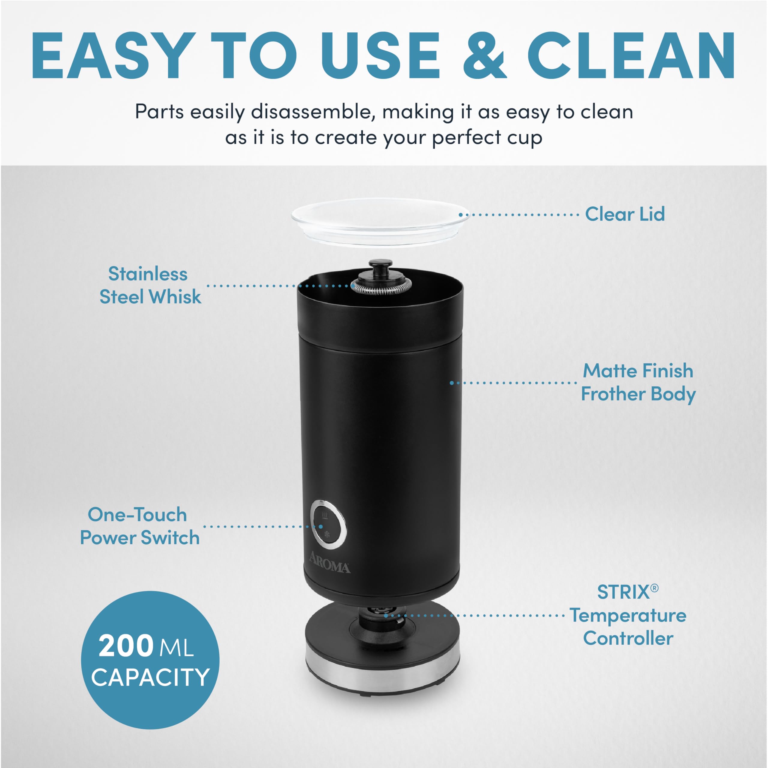 AROMA® Espumador y vaporizador de leche fría y caliente 4 en 1 con controles de un solo toque de apagado automático (200 ml)