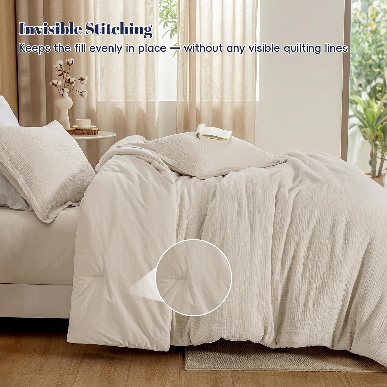 PHF Cotton Muslin Comforter Set King – 100% Cotton Cover, Ultra Soft & Breathable, 3PCS Lightweight All-Season Bedding with Polyester Fill, 1 Comforter 104"x90" & 2 Pillow Shams 20"x36", Natural - Image 4
