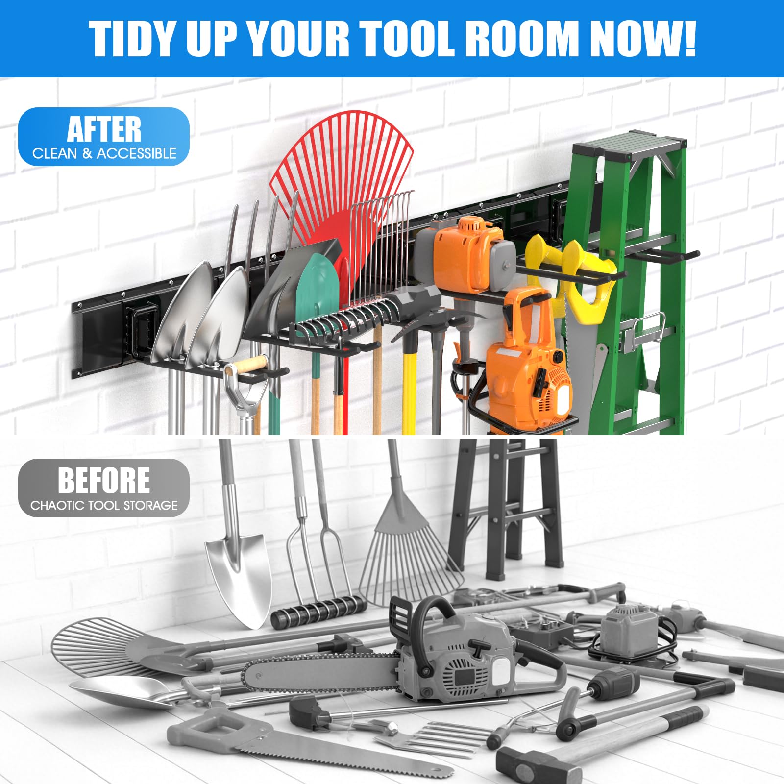 Heavy Duty Garage Tool Organizer Wall Mount & Garden Tool Organizer, 48-Inch Adjustable Garden Tool Storage Rack, Ideal for Garden Storage, Garage Organization and Storage, 600-LB Capacity - 4